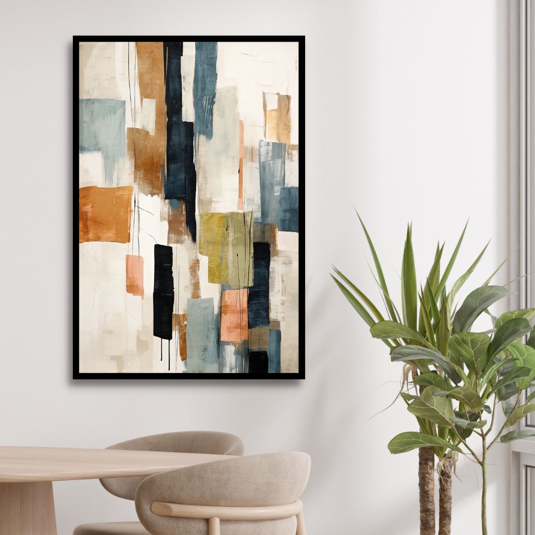 Contemporary Abstract Oil Painting with Beige, Green, Blue and Orange Geometric Shapes
