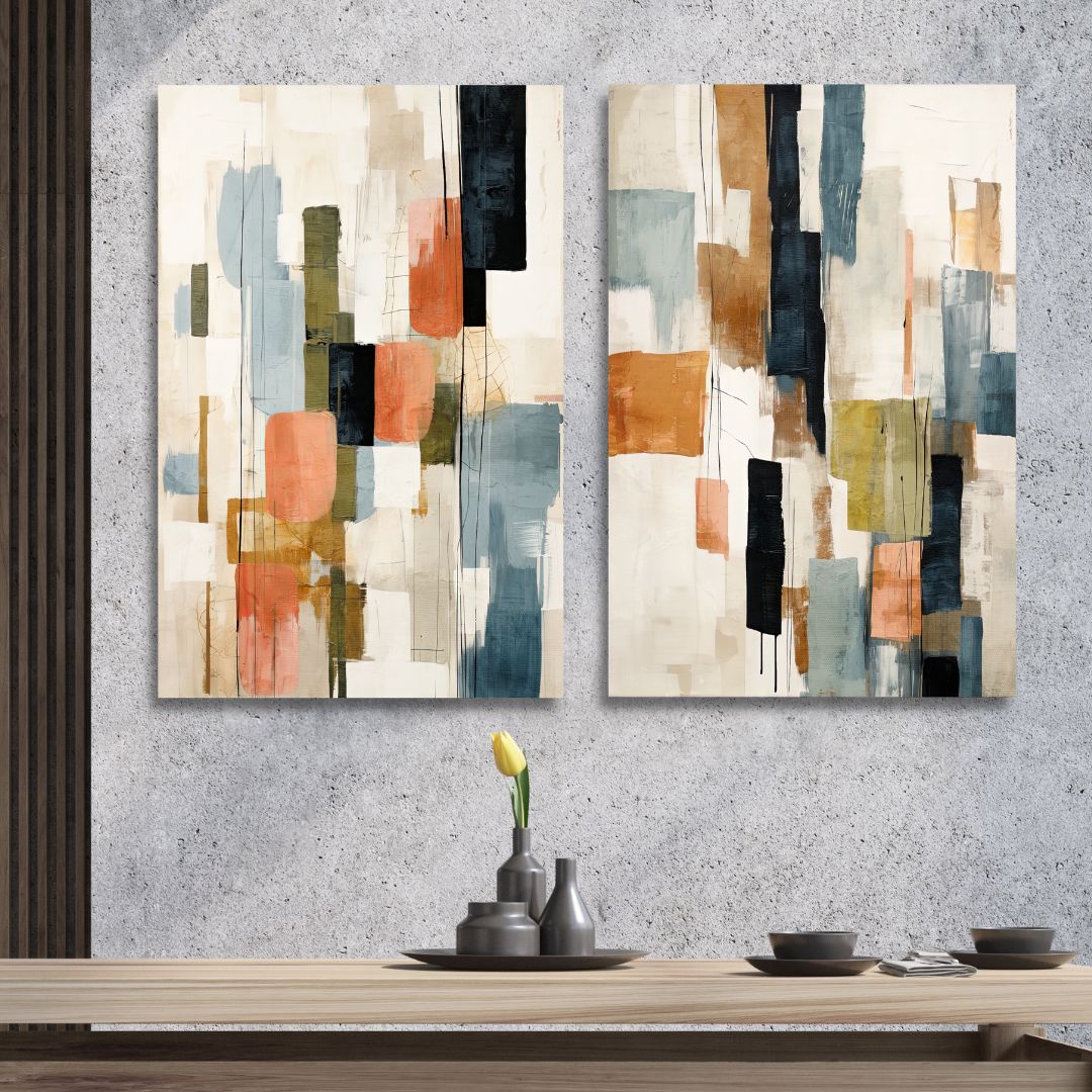 Contemporary Abstract Oil Painting with Beige, Green, Blue and Orange Geometric Shapes