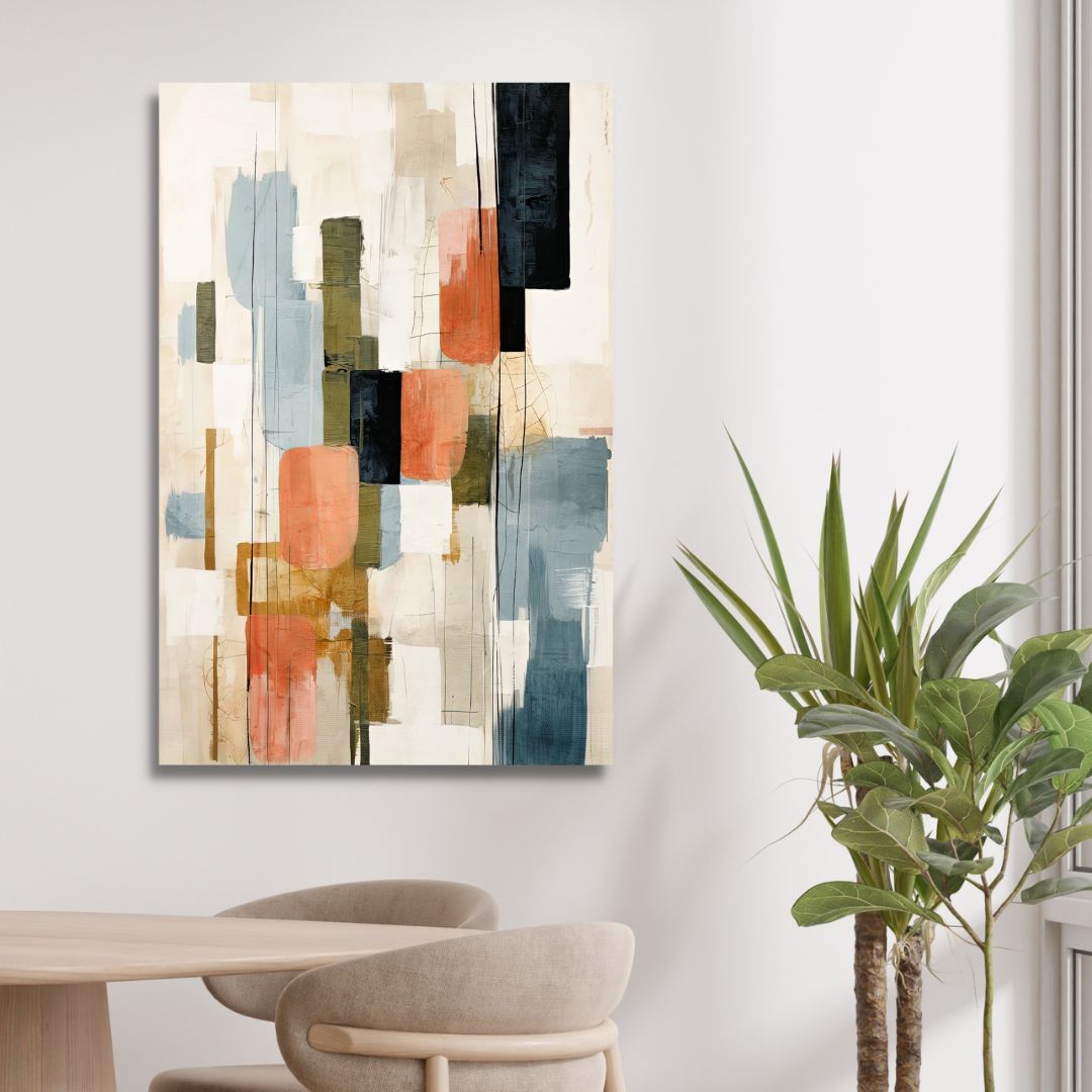 Contemporary Abstract Oil Painting with Beige, Green, Blue and Orange Geometric Shapes