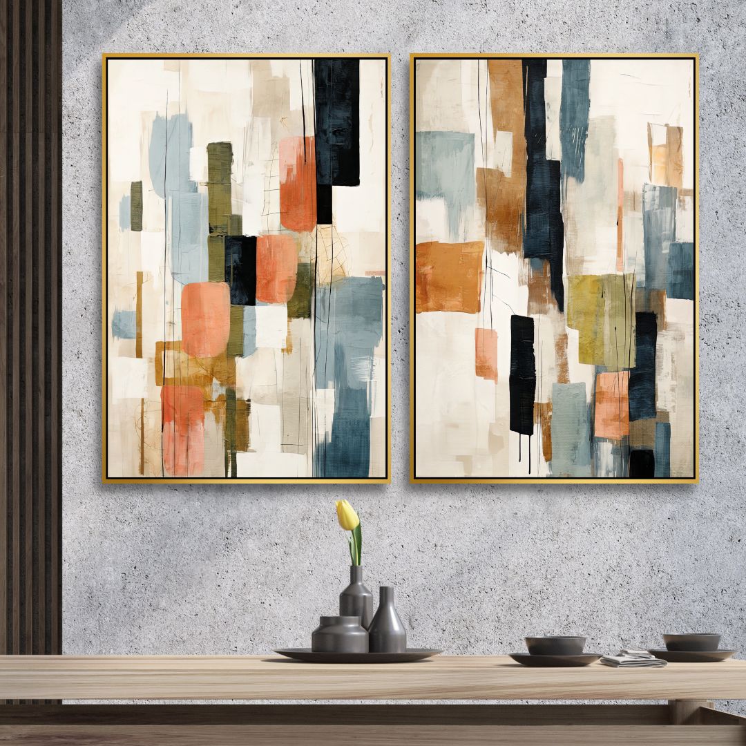 Contemporary Abstract Oil Painting with Beige, Green, Blue and Orange Geometric Shapes