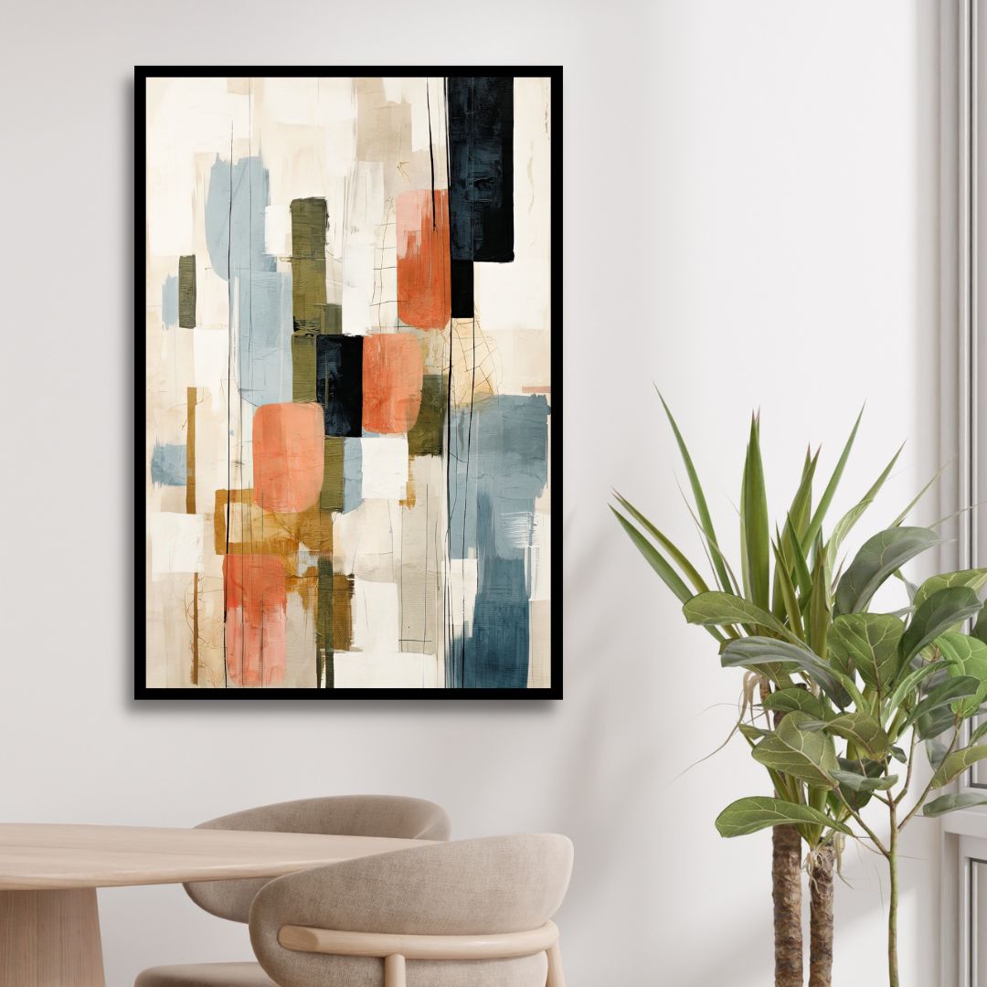 Contemporary Abstract Oil Painting with Beige, Green, Blue and Orange Geometric Shapes