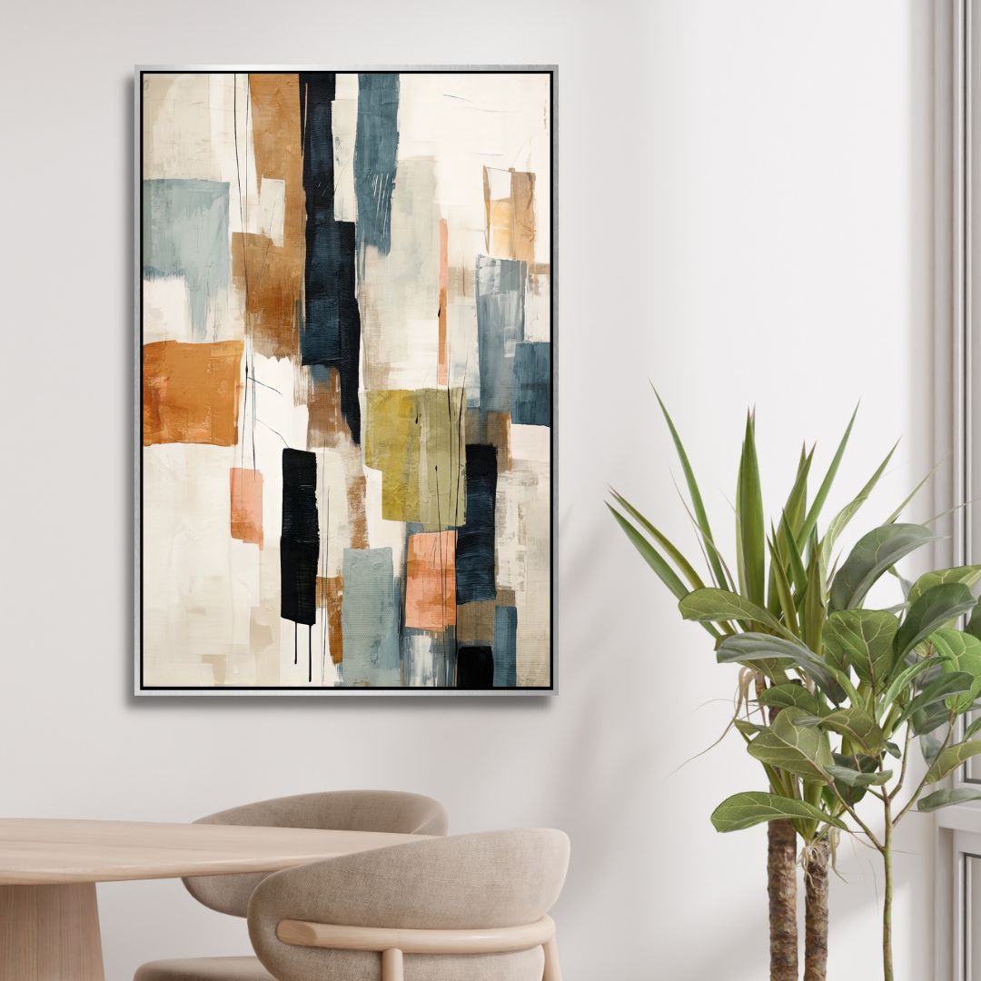 Contemporary Abstract Oil Painting with Beige, Green, Blue and Orange Geometric Shapes