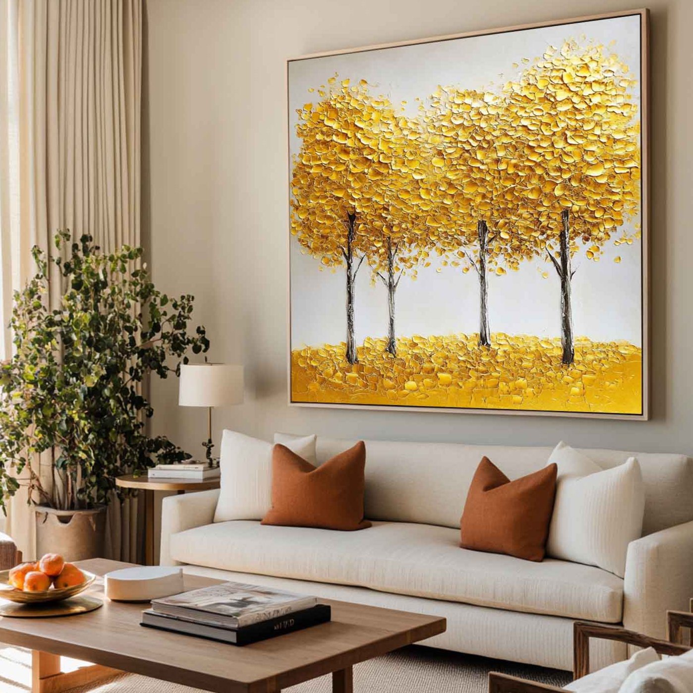 Vibrant Yellow Abstract Tree Landscape Oil Painting for Modern Home Decor