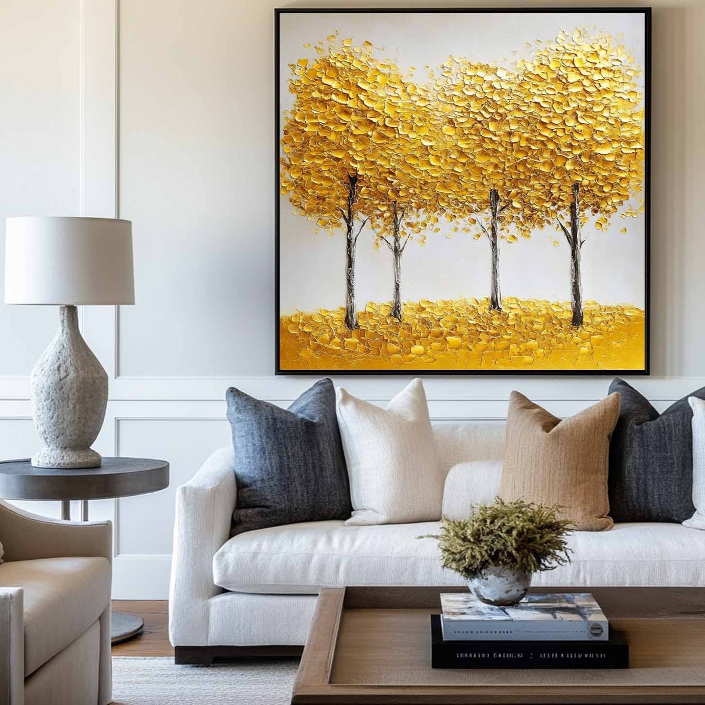 Vibrant Yellow Abstract Tree Landscape Oil Painting for Modern Home Decor