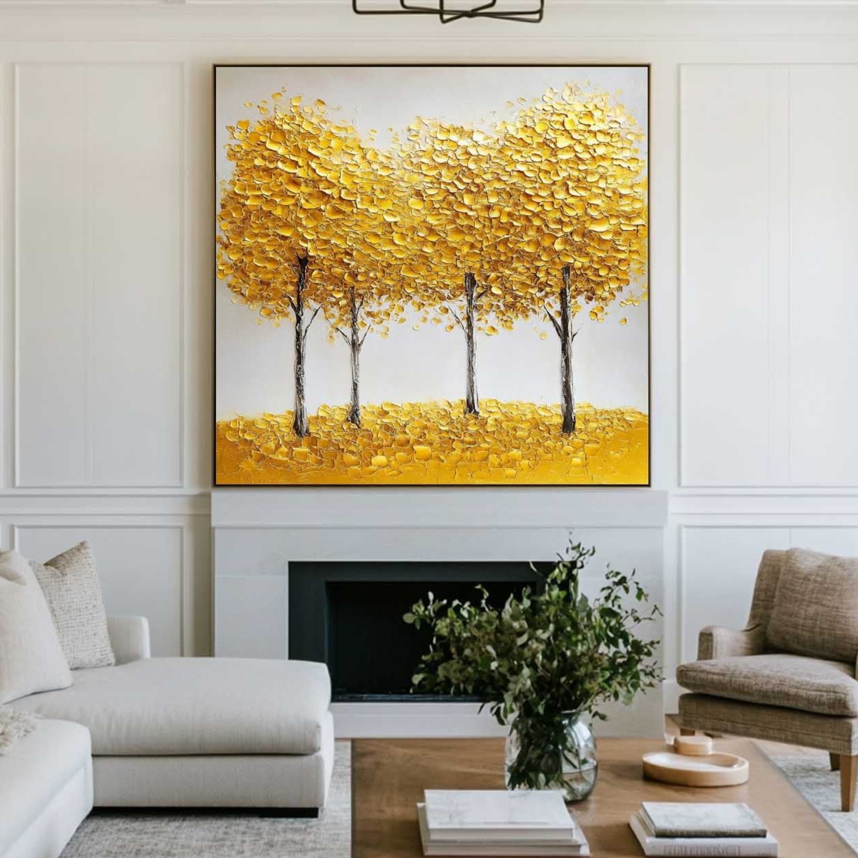 Vibrant Yellow Abstract Tree Landscape Oil Painting for Modern Home Decor
