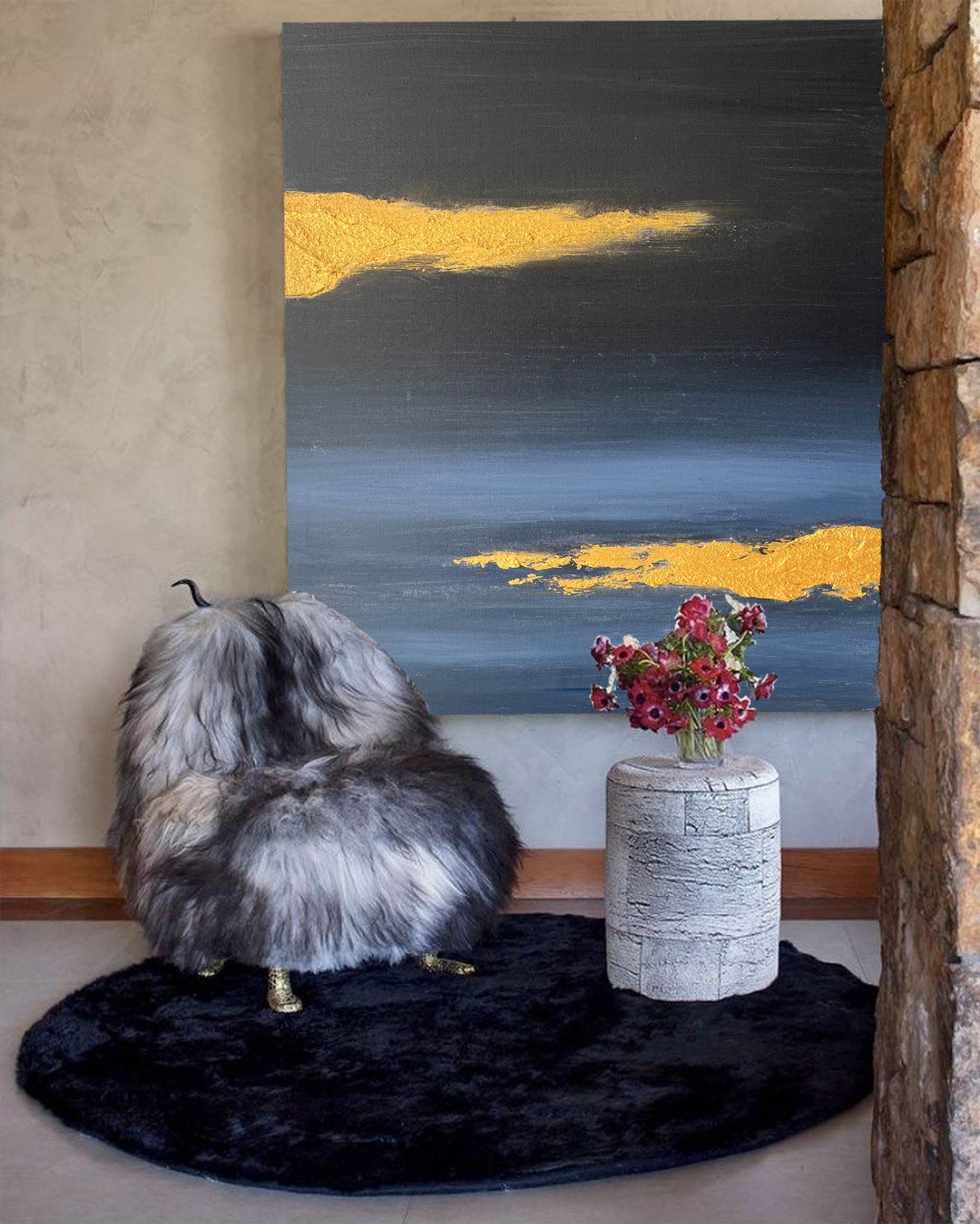 Contemporary Gold and Blue Abstract Oil Painting for Modern Home Decor