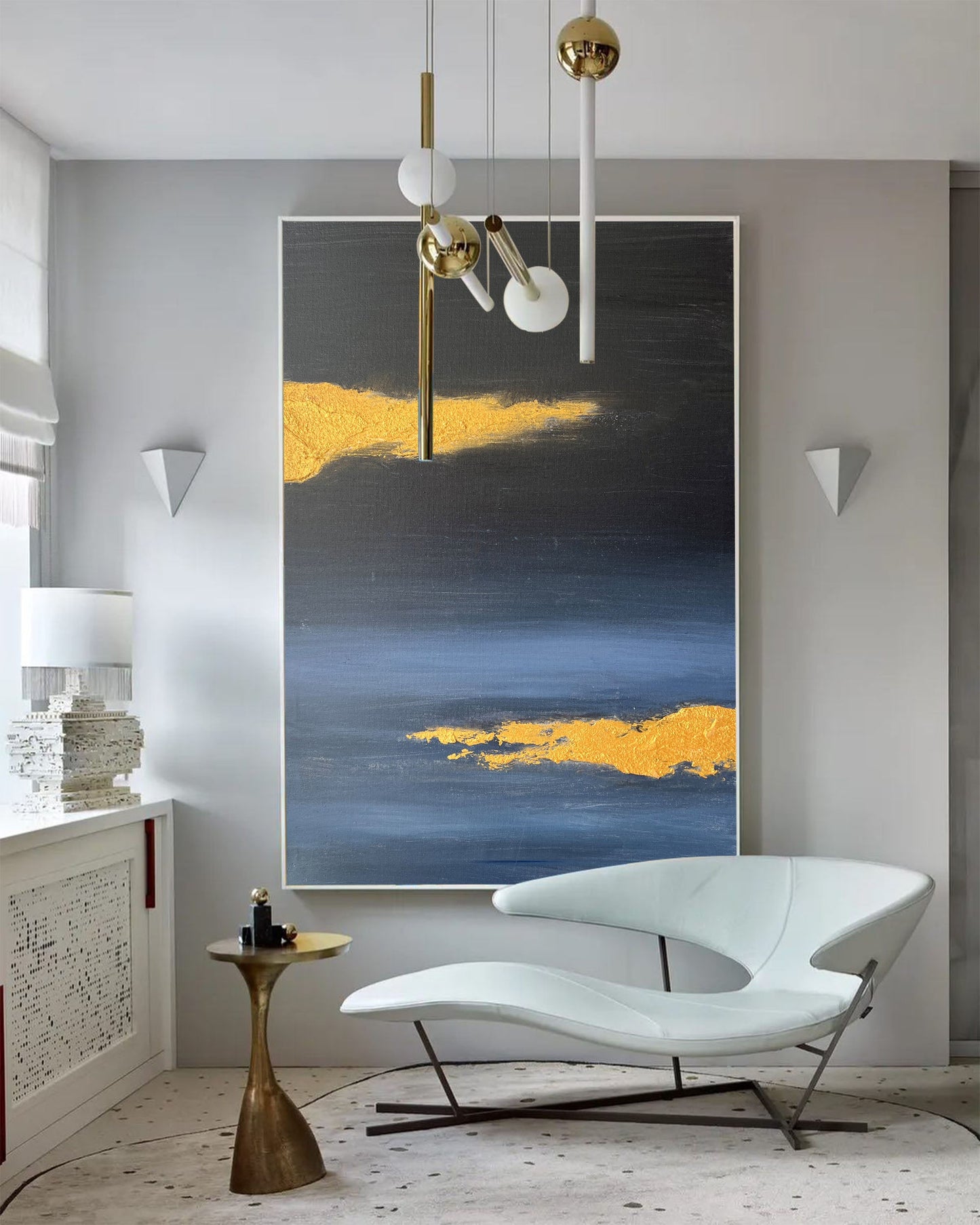 Contemporary Gold and Blue Abstract Oil Painting for Modern Home Decor