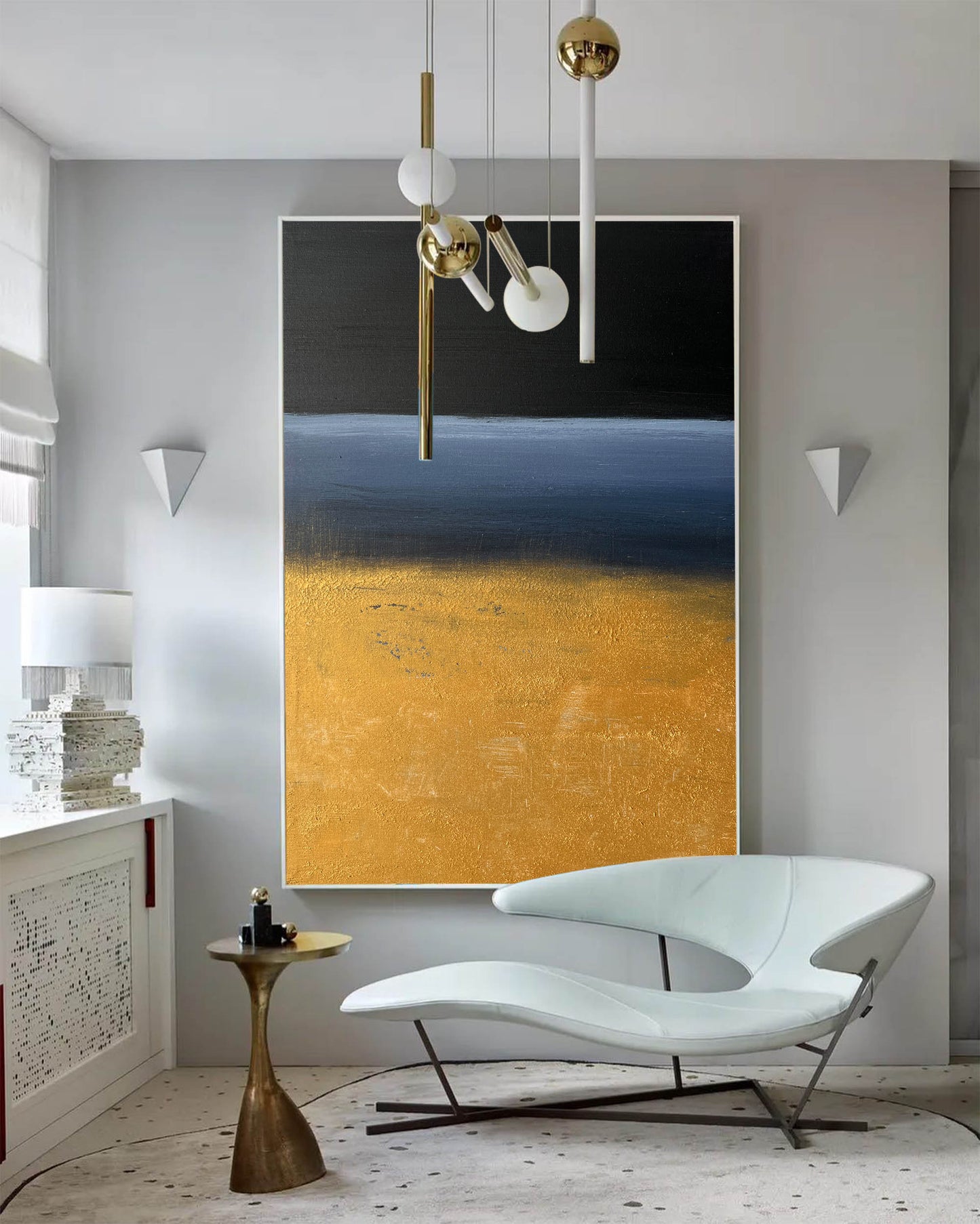 Contemporary Abstract Oil Painting with Bold Black and Gold Landscape