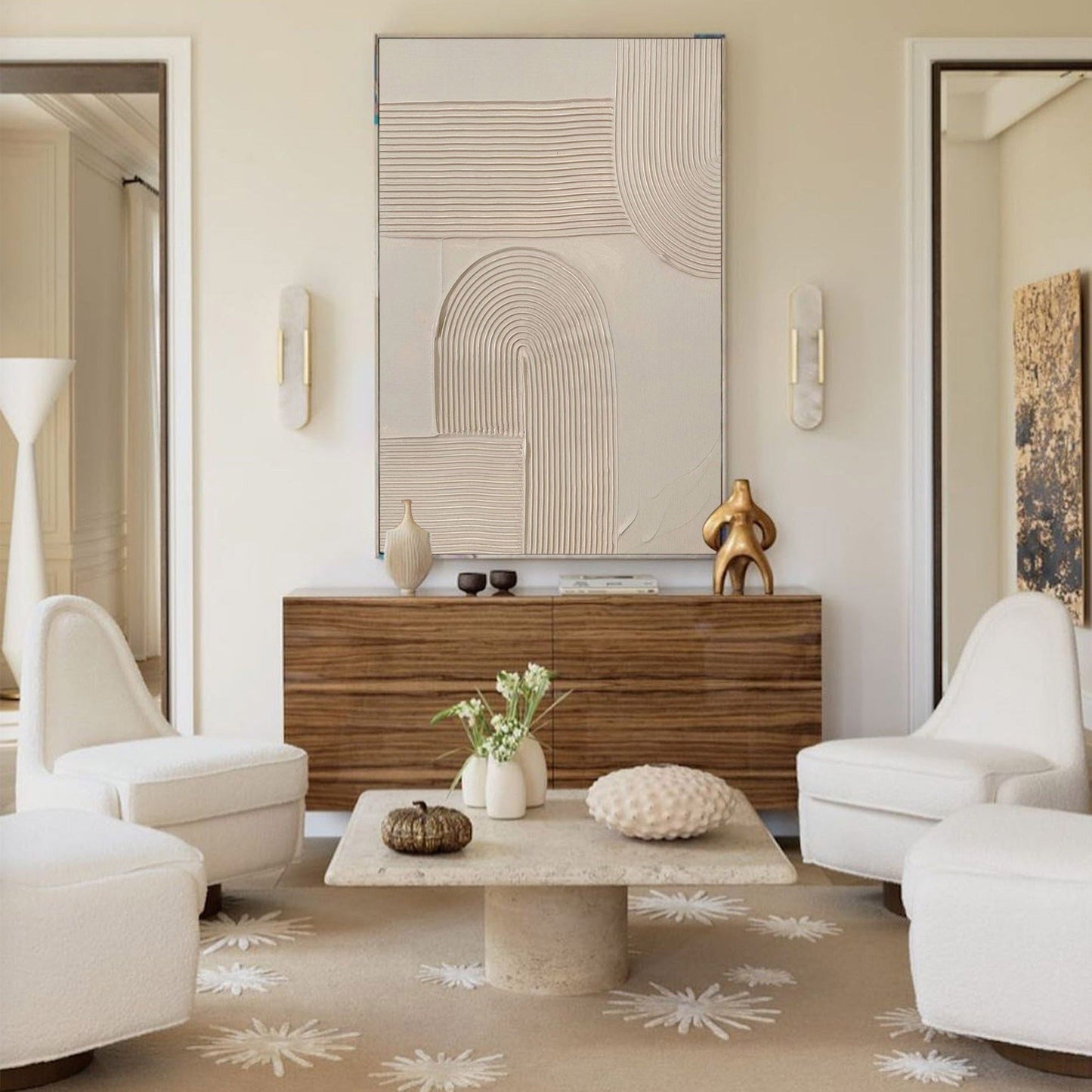 Beige Minimalist Abstract Oil Painting for Modern Home Decor