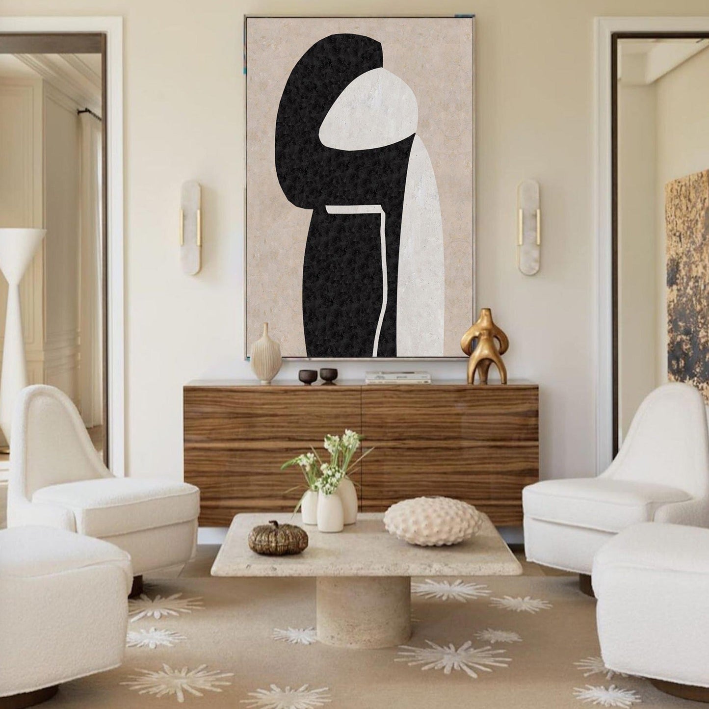 Modern Beige and Black Minimalist Abstract Oil Painting for Contemporary Decor