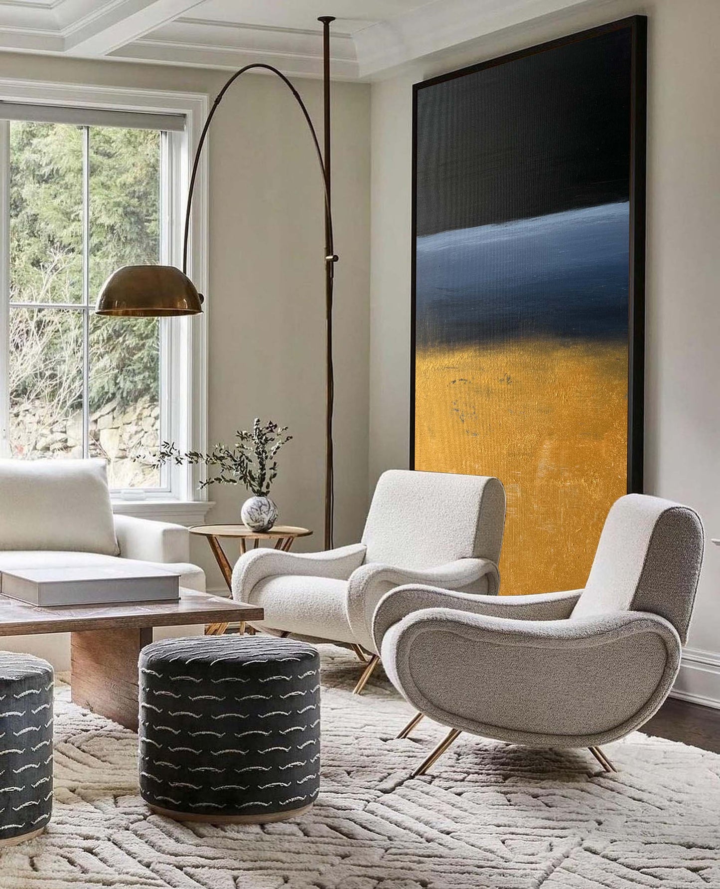 Contemporary Abstract Oil Painting with Bold Black and Gold Landscape