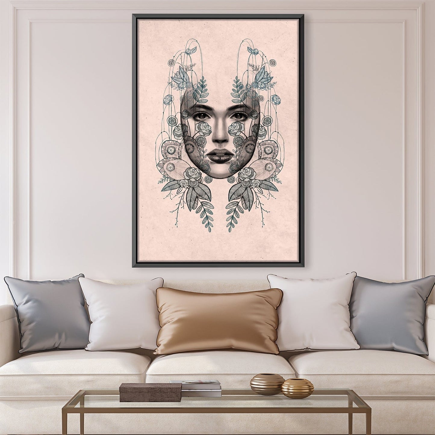 Enchanting Face Portrait with Floral Harmony - Artistic Oil Painting