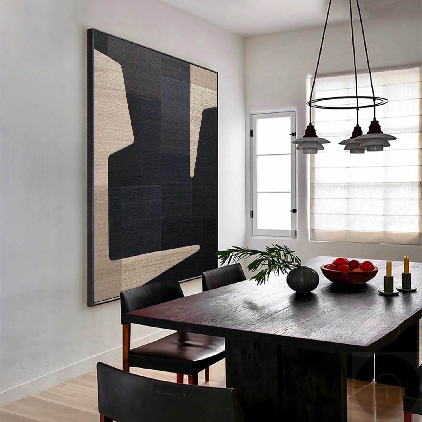 Contemporary Geometric Oil Painting in Bold Black and Neutral Tones for Modern Decor