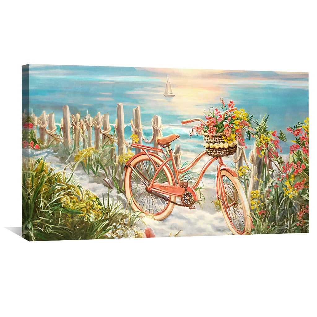 Beachside Bicycle Adventure Oil Painting with Vibrant Floral Details