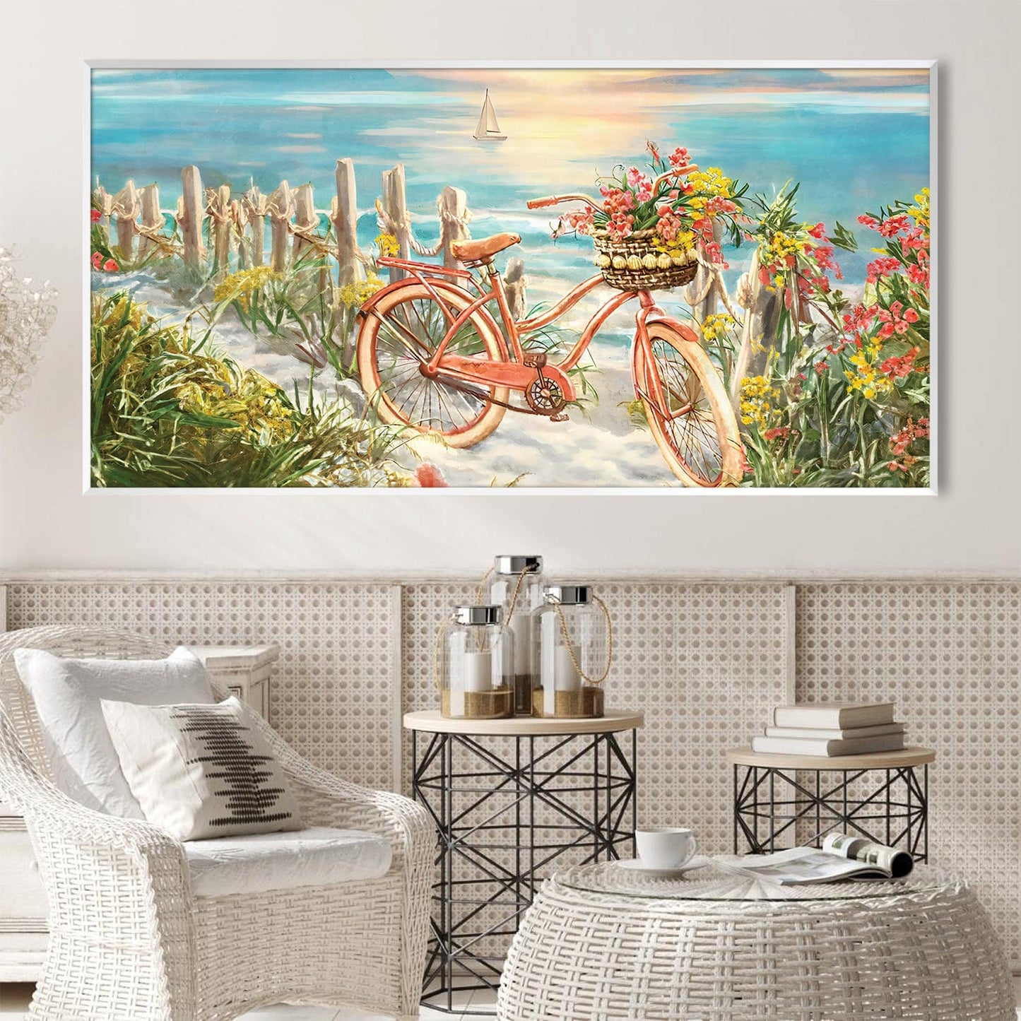 Beachside Bicycle Adventure Oil Painting with Vibrant Floral Details