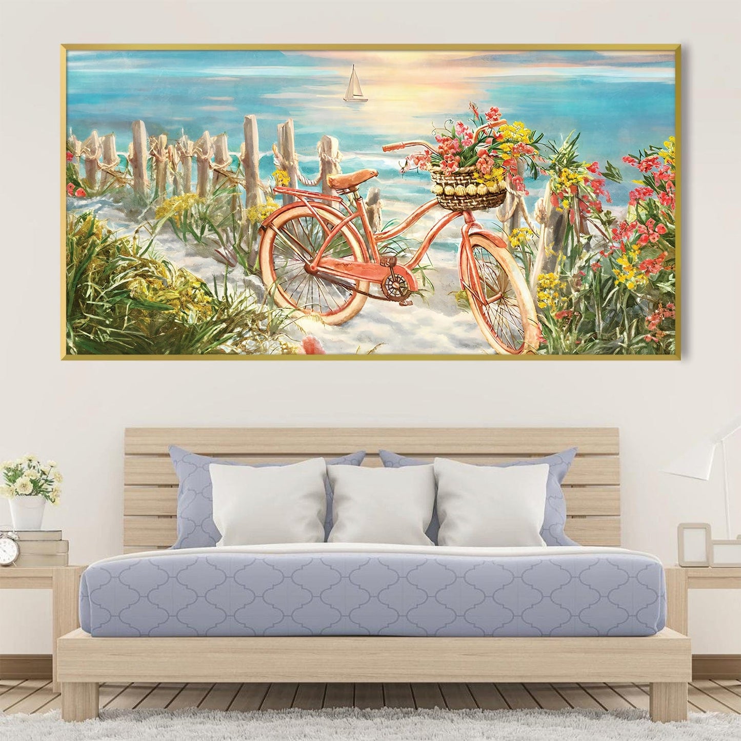 Beachside Bicycle Adventure Oil Painting with Vibrant Floral Details