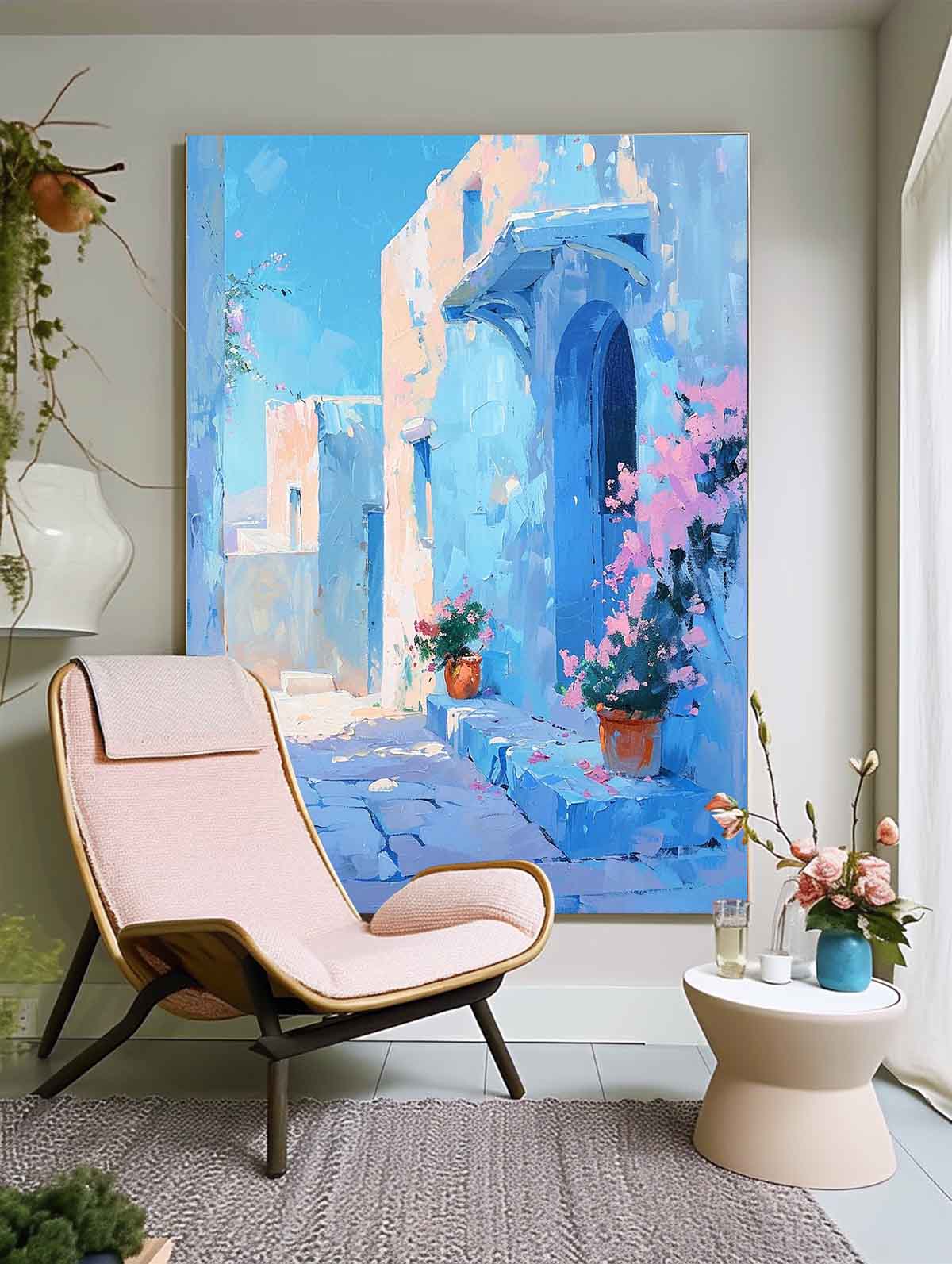 Charming Blue Alleyway Oil Painting with Flower Pots and Architecture