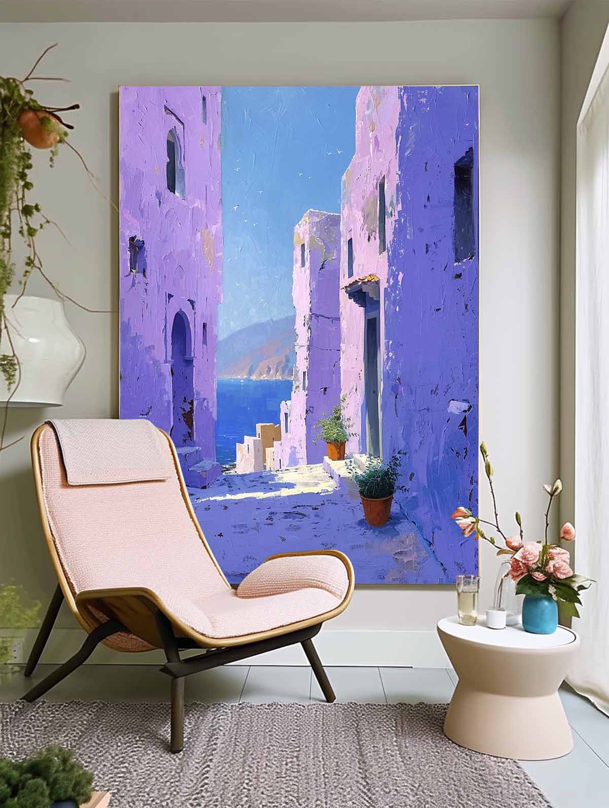 Vibrant Mediterranean Village: Stunning Oil Painting of Coastal Architecture