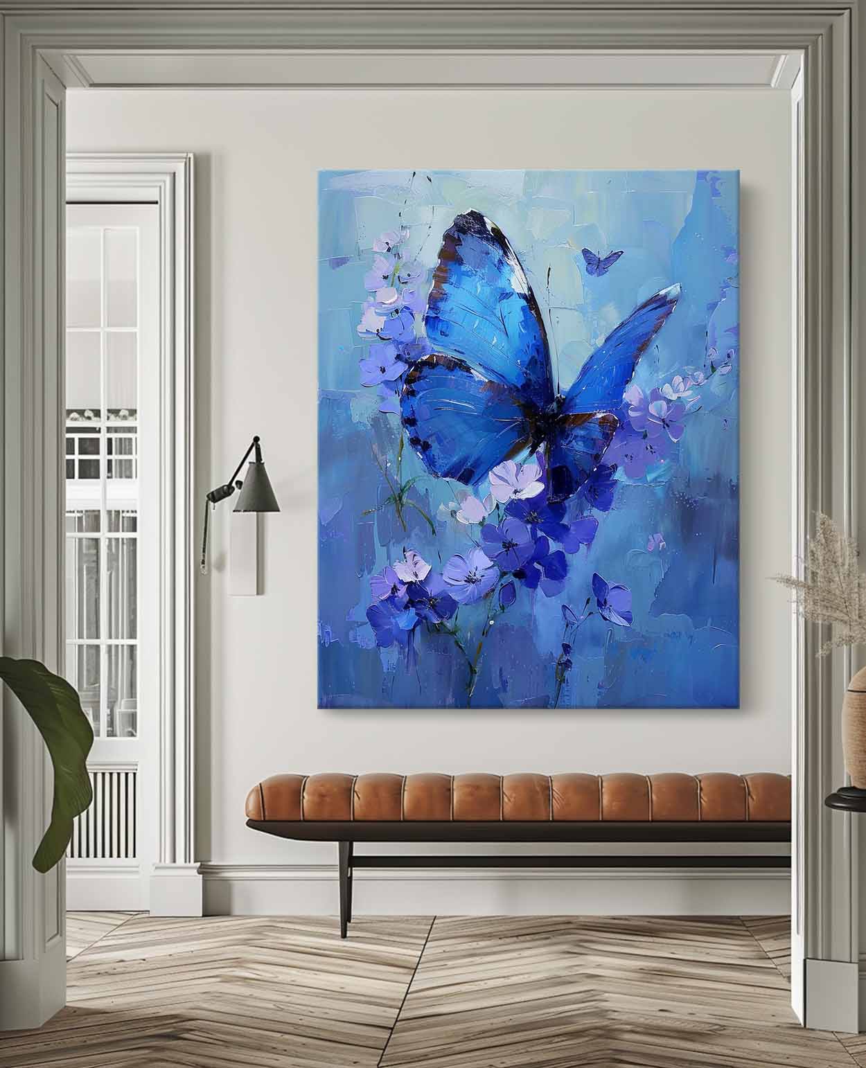 Stunning Blue Butterfly Oil Painting with Floral Accents for Elegant Home Decor