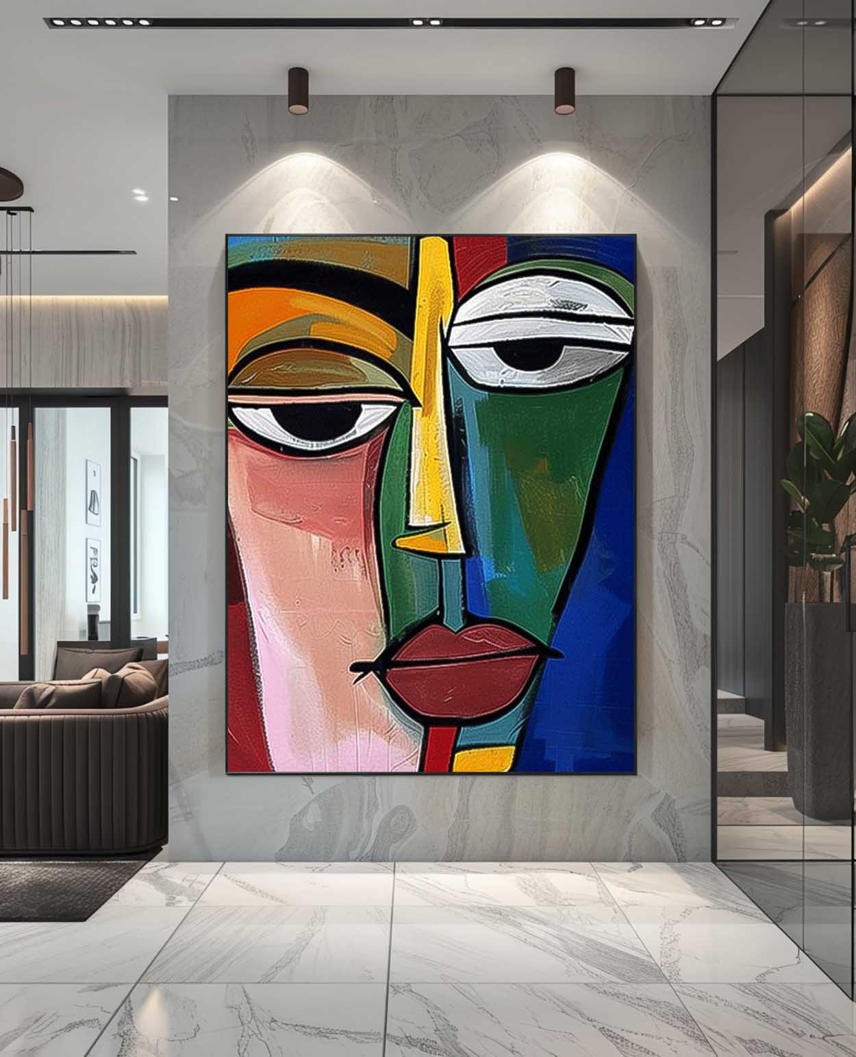 Abstract Face Oil Painting - Colorful Modern Wall Art for Home Decor