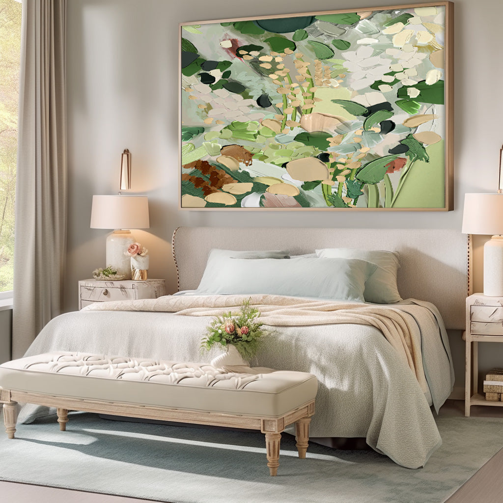 Botanical Elegance: Serene Green and White Floral Oil Painting for Home Decor