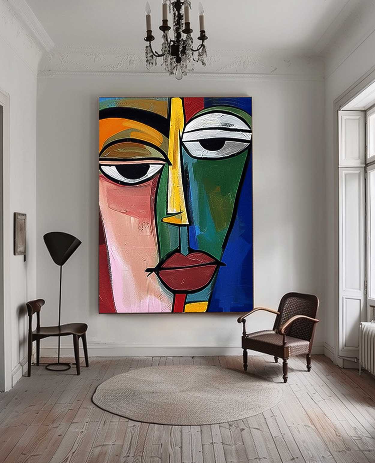 Abstract Face Oil Painting - Colorful Modern Wall Art for Home Decor
