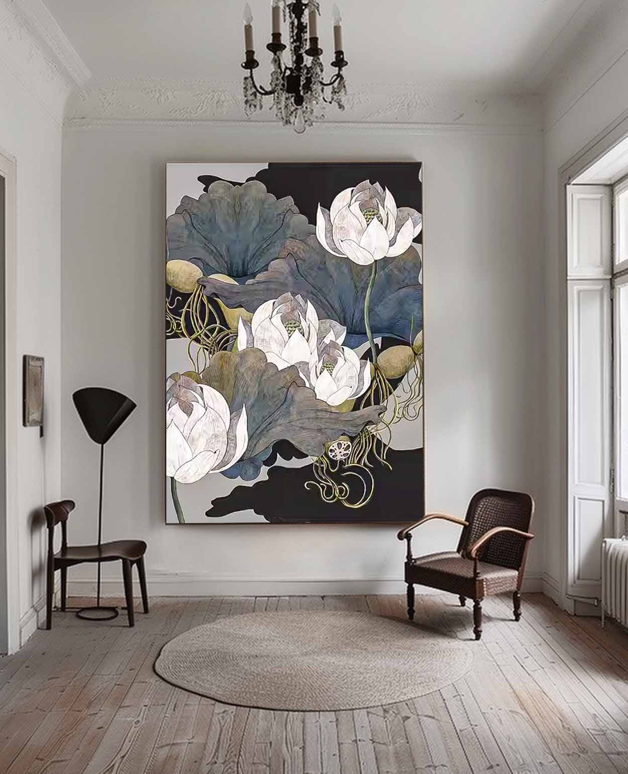 Elegant Flower Oil Painting - Serene Lotus Floral Wall Art for Home Decor