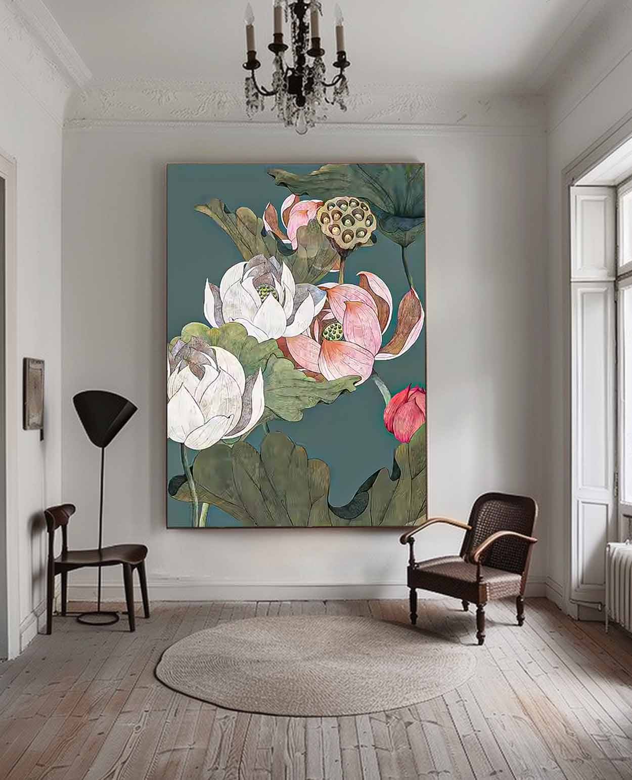 Elegant Lotus Flower Oil Painting on Canvas for Home Decor