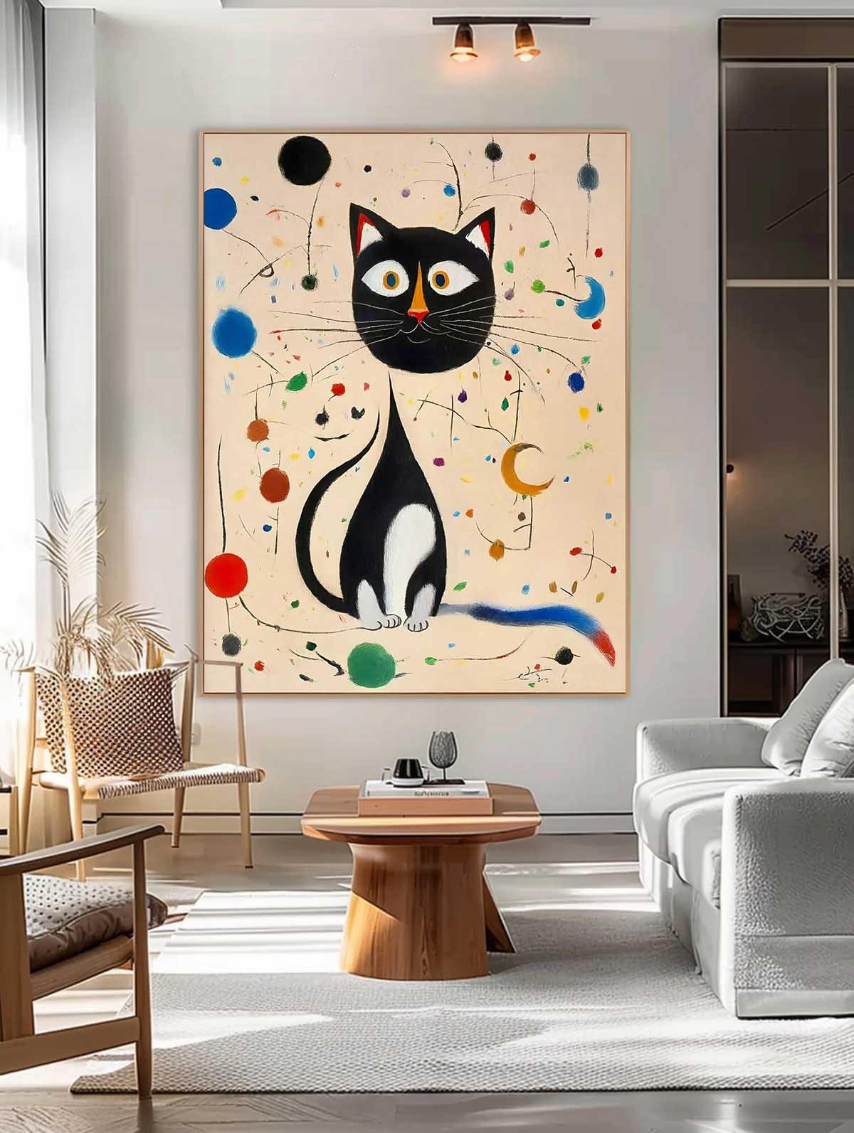 Charming Black Cat Oil Painting with Colorful Abstract Surroundings