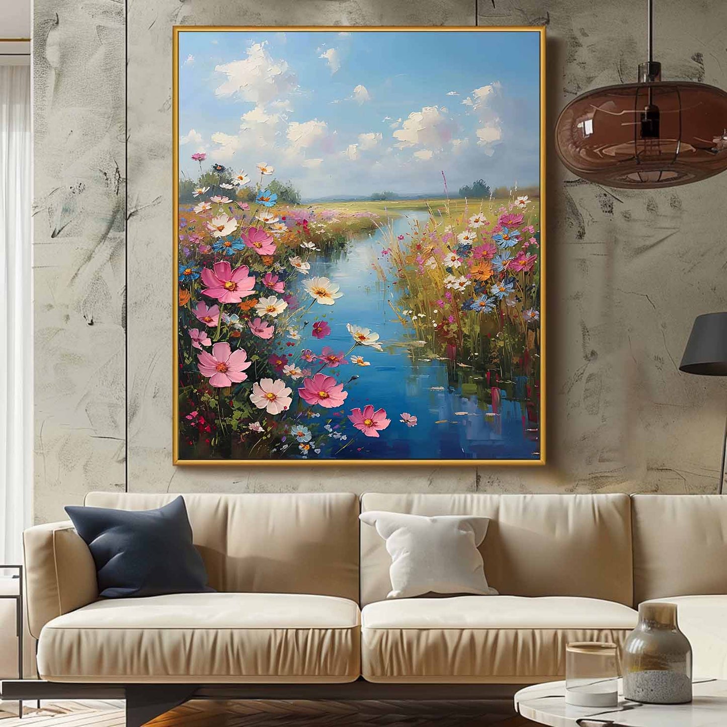 Vibrant Floral Landscape Oil Painting with Serene River and Blue Sky Art