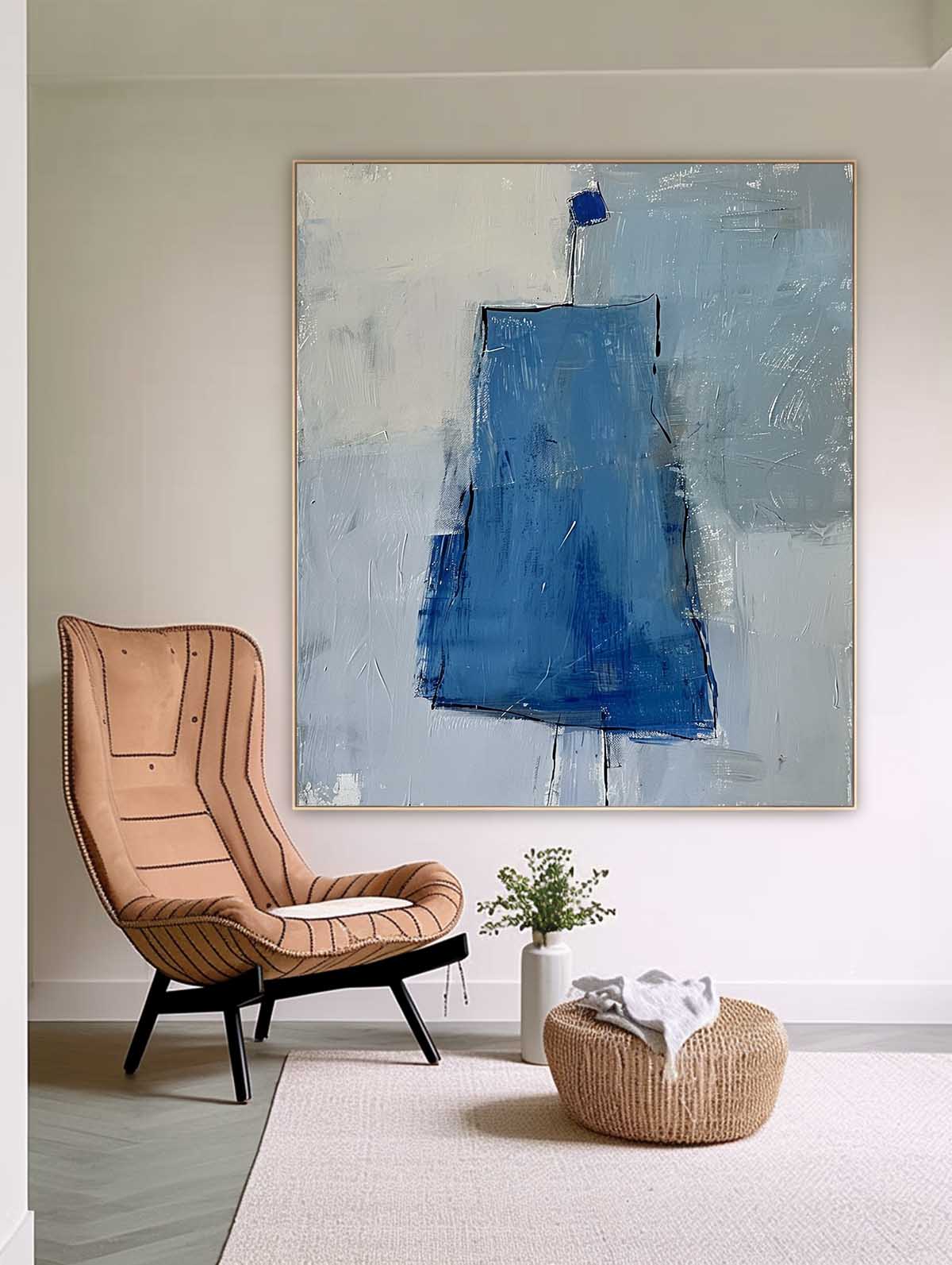 Abstract Blue Minimalist Oil Painting for Contemporary Home Decor