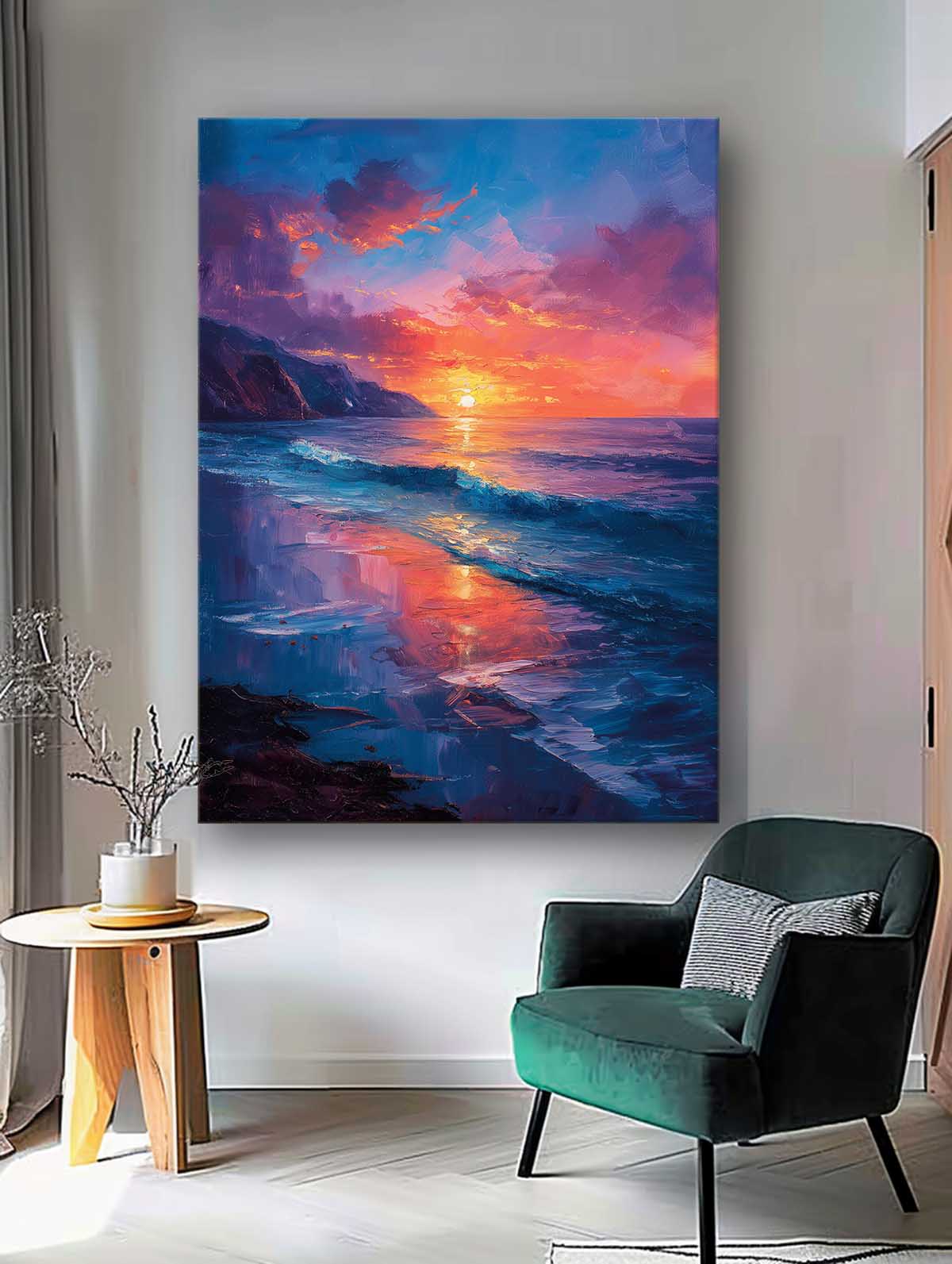 Vibrant Sunset Over Ocean Waves - Coastal Oil Painting for Beach Lovers