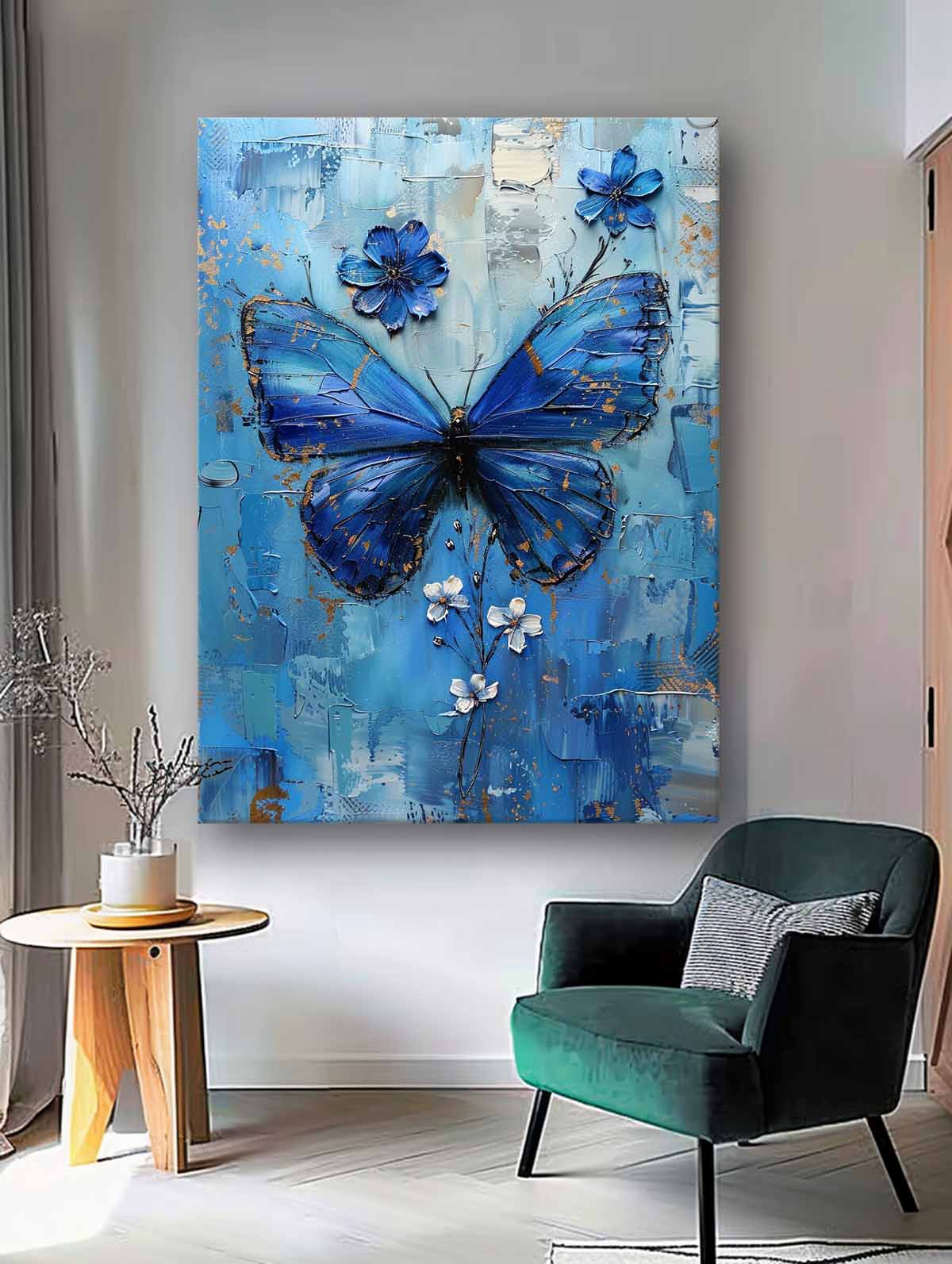 Beautiful Blue Butterfly Oil Painting with Floral Accents for Elegant Home Decor