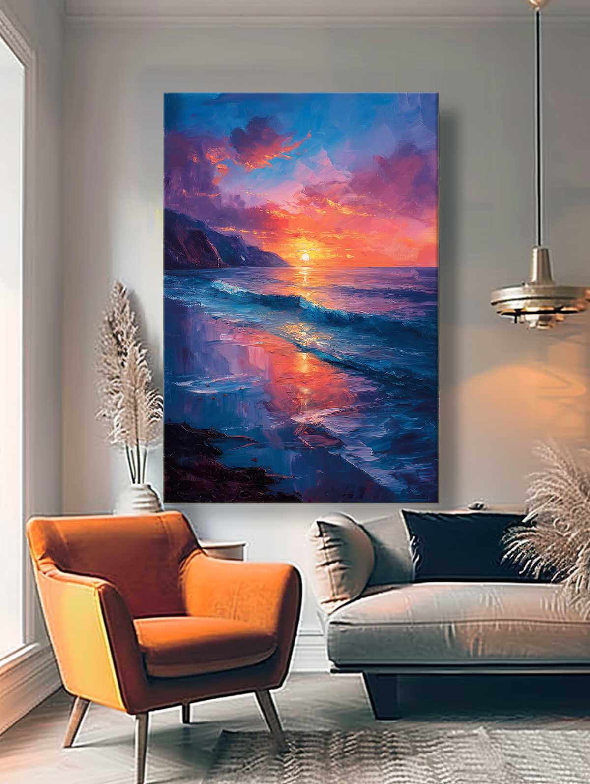 Vibrant Sunset Over Ocean Waves - Coastal Oil Painting for Beach Lovers