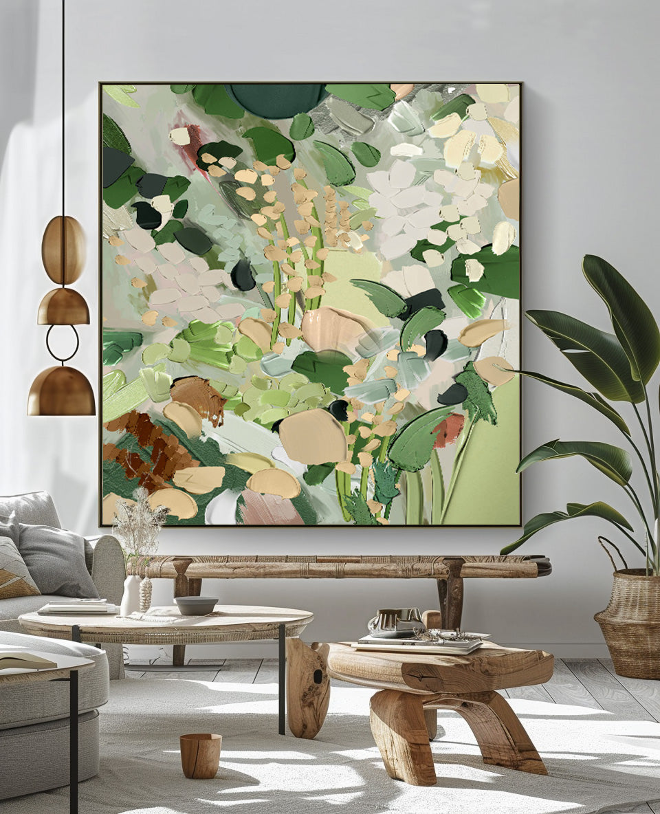 Delicate Floral Oil Painting for Elegant Home Decor in Soft Green Tones