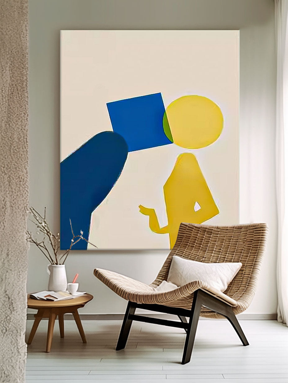 Modern Minimalist Oil Painting with Abstract Figures and Bold Colors