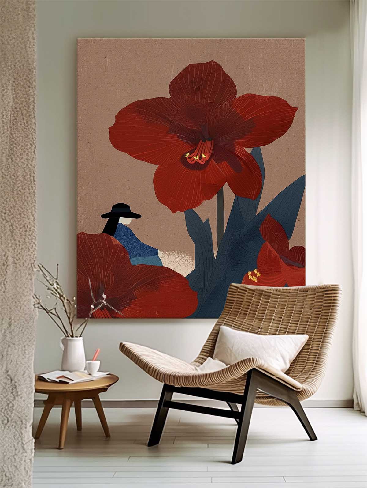 Elegant Red Flower Woman Oil Painting for Modern Home Decor