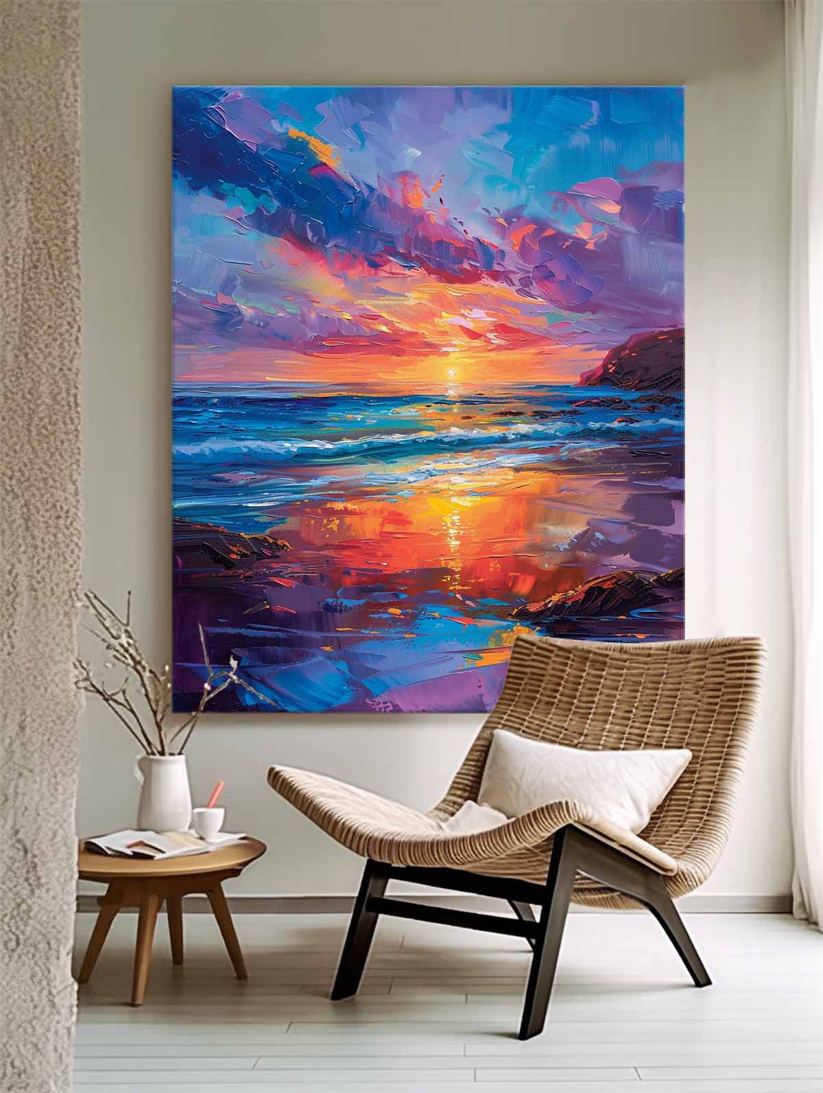 Vibrant Sunset Over Ocean Waves - Colorful Beach Oil Painting Wall Art