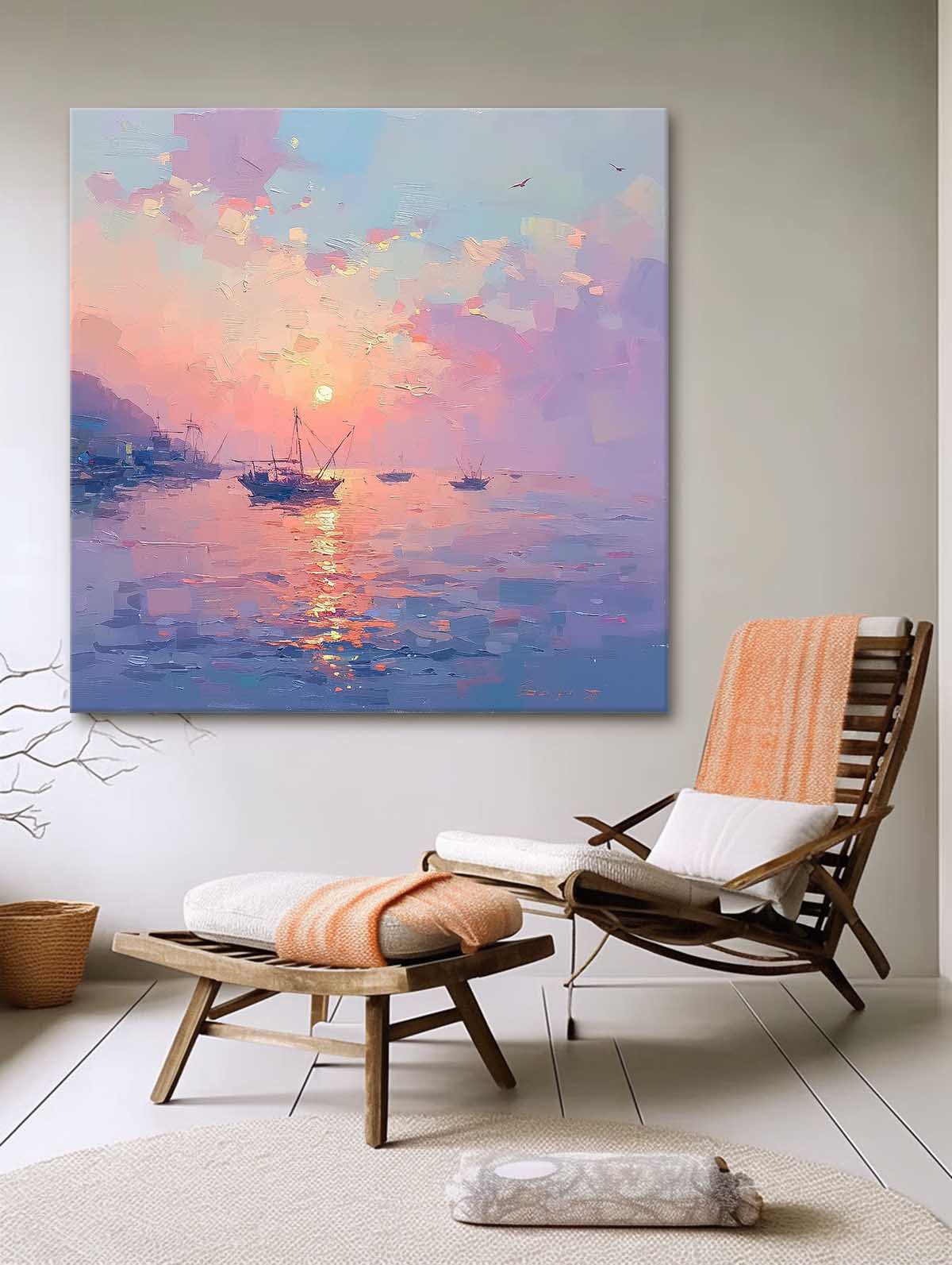 Majestic Sunset Over Tranquil Waters - Serene Oil Painting for Home Decor