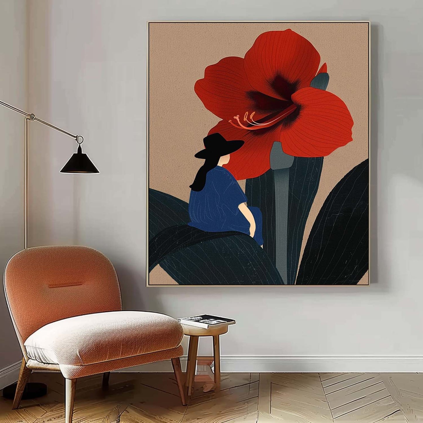 Charming Woman and Red Flower Oil Painting for Modern Home Decor