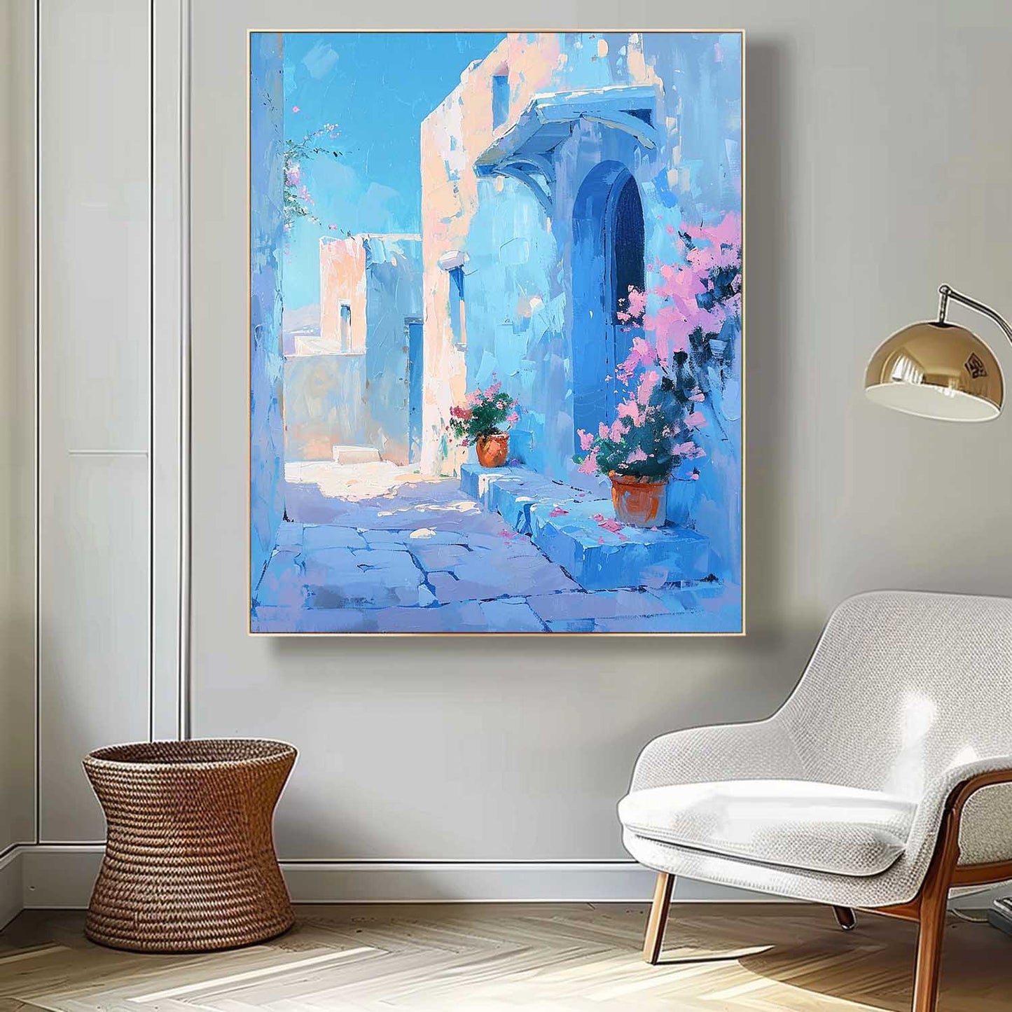 Charming Blue Alleyway Oil Painting with Flower Pots and Architecture