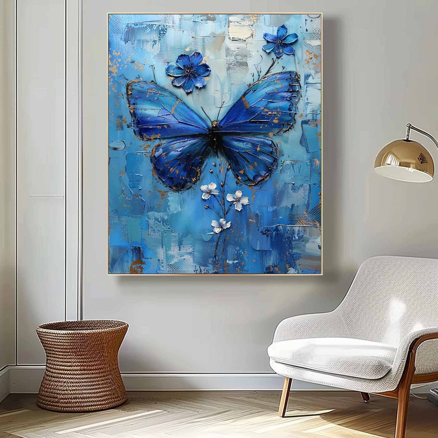 Beautiful Blue Butterfly Oil Painting with Floral Accents for Elegant Home Decor