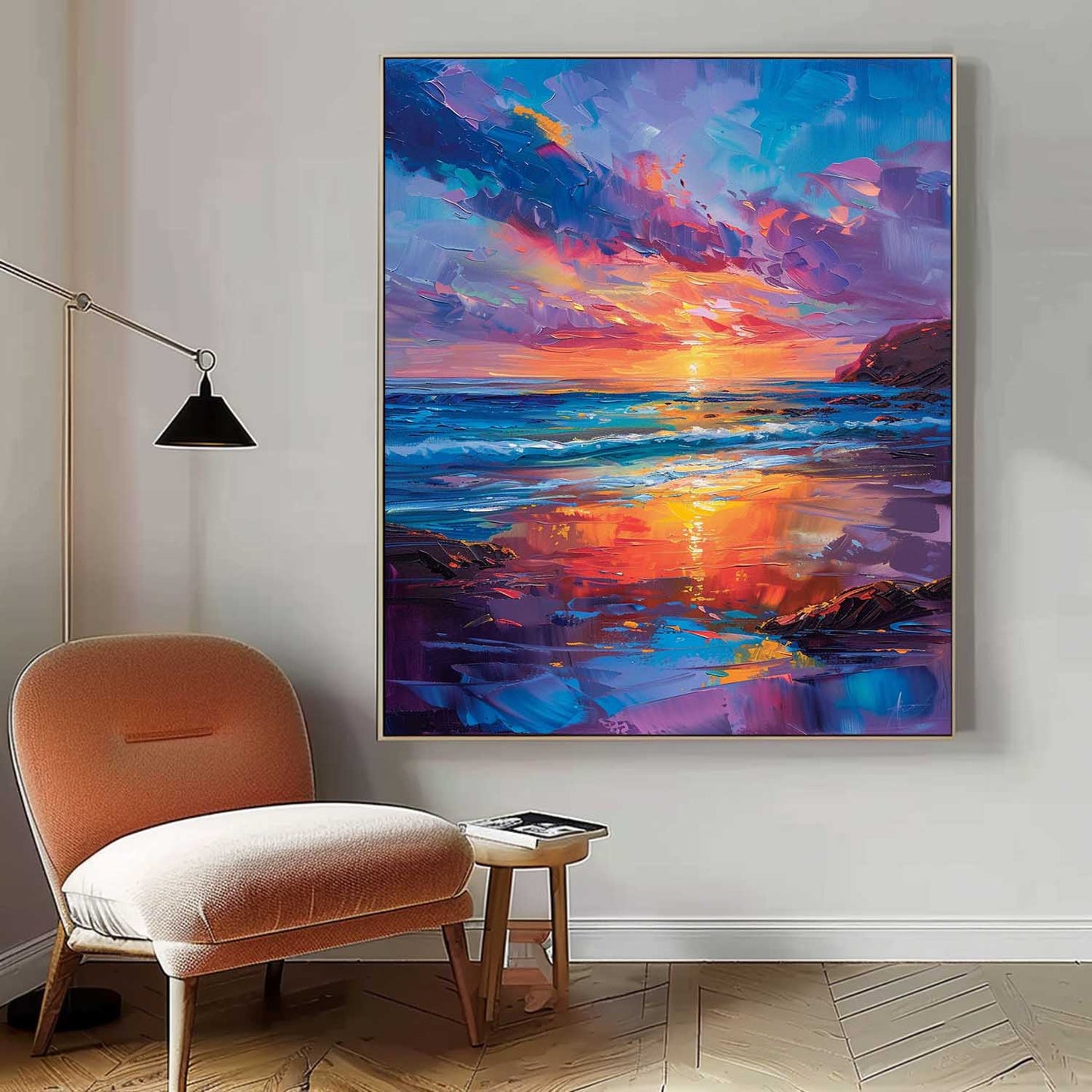 Vibrant Sunset Over Ocean Waves - Colorful Beach Oil Painting Wall Art