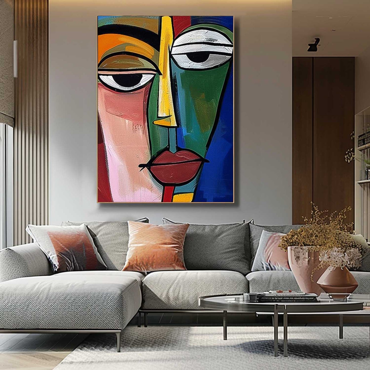 Abstract Face Oil Painting - Colorful Modern Wall Art for Home Decor