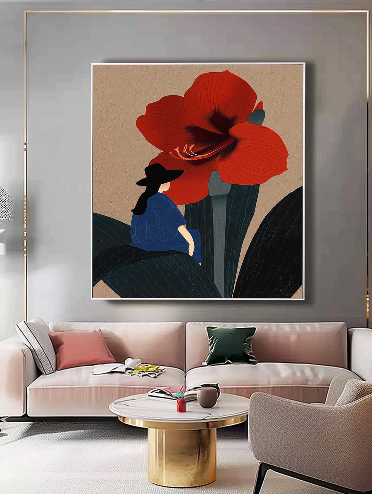 Charming Woman and Red Flower Oil Painting for Modern Home Decor