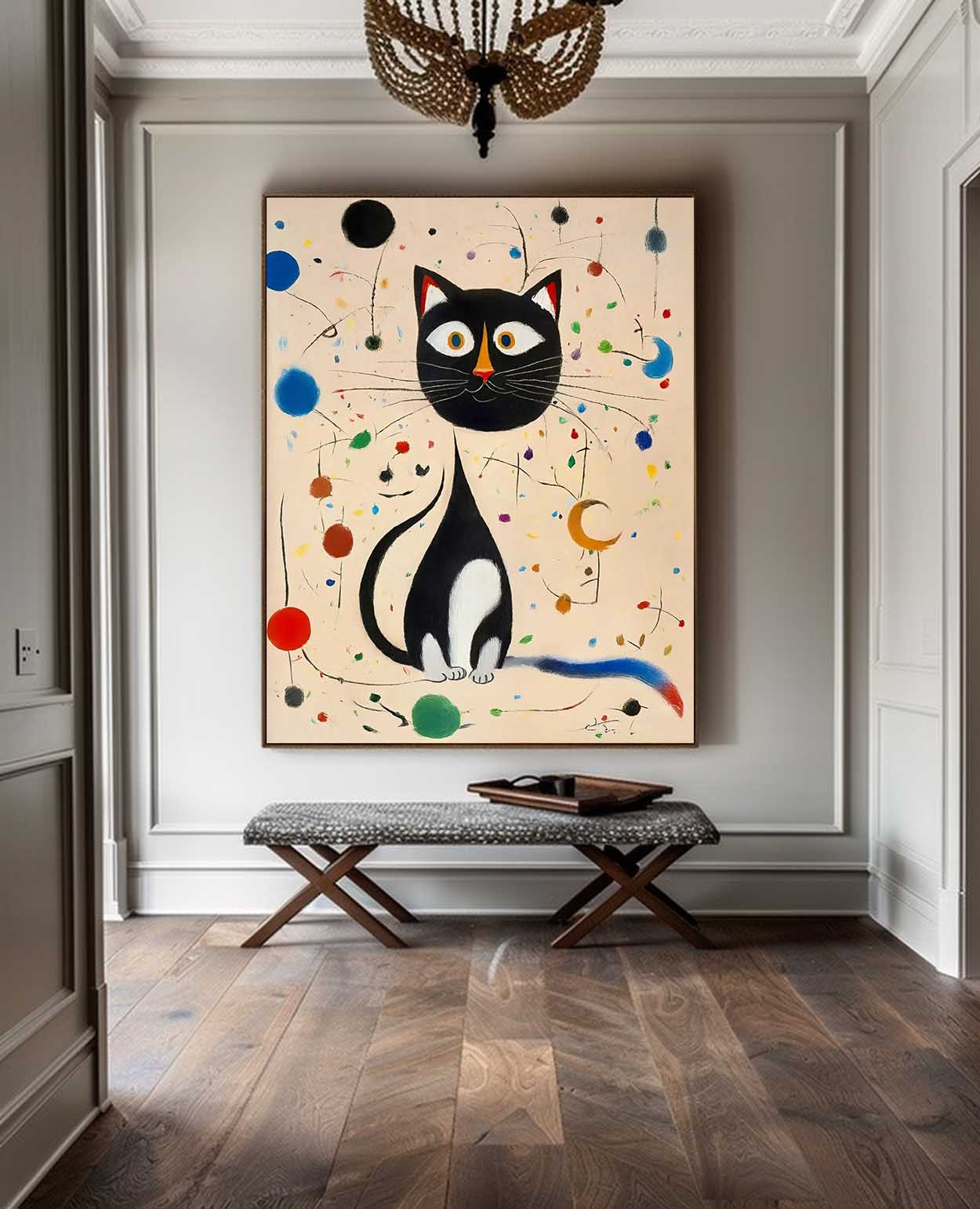 Charming Black Cat Oil Painting with Colorful Abstract Surroundings