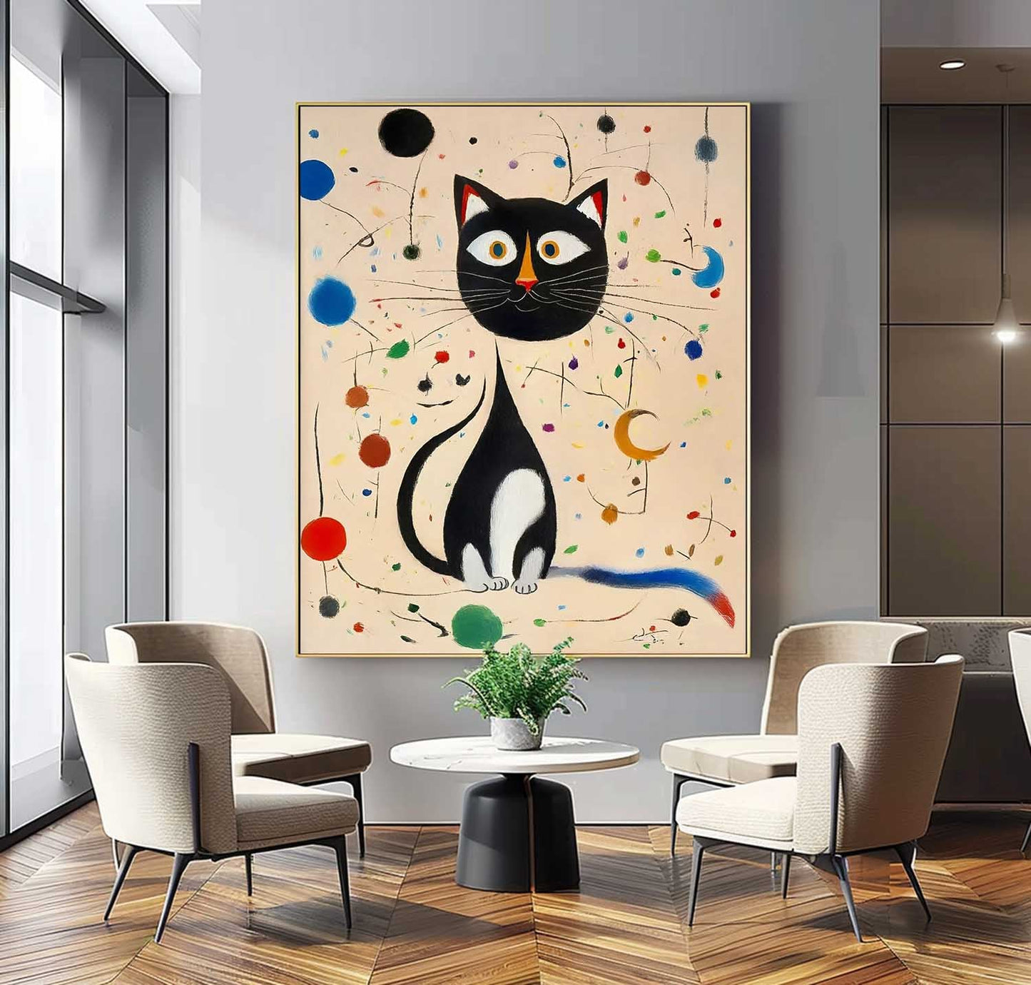 Charming Black Cat Oil Painting with Colorful Abstract Surroundings