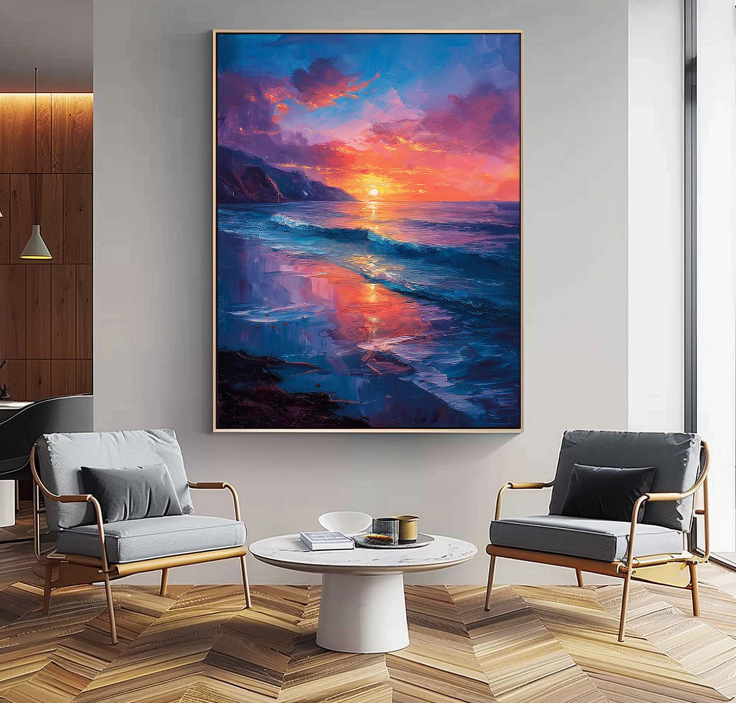 Vibrant Sunset Over Ocean Waves - Coastal Oil Painting for Beach Lovers