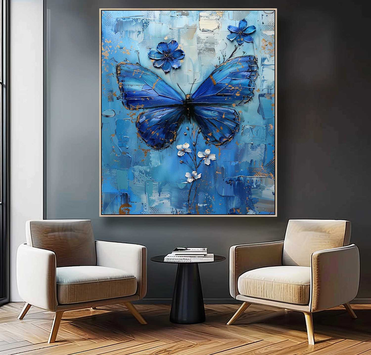 Beautiful Blue Butterfly Oil Painting with Floral Accents for Elegant Home Decor