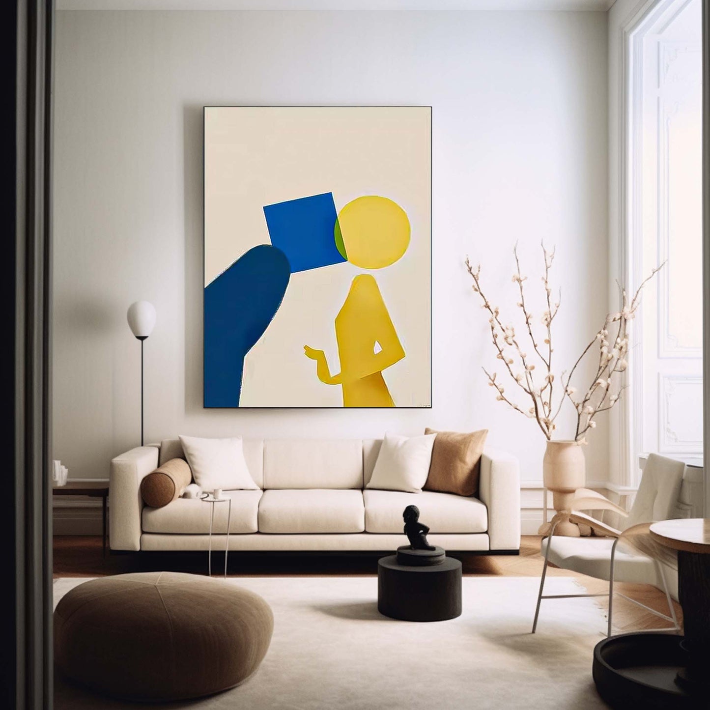 Modern Minimalist Oil Painting with Abstract Figures and Bold Colors